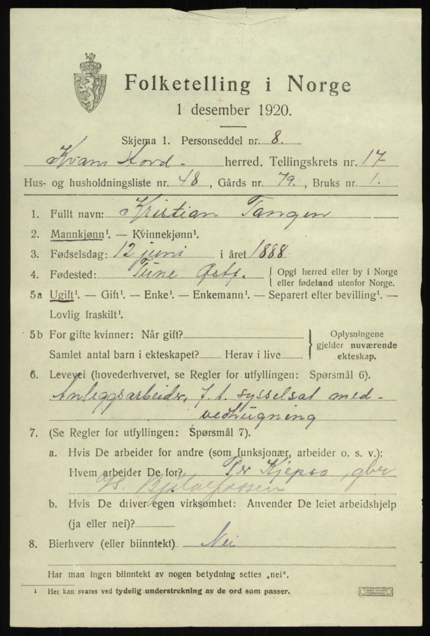 SAB, 1920 census for Kvam, 1920, p. 9863
