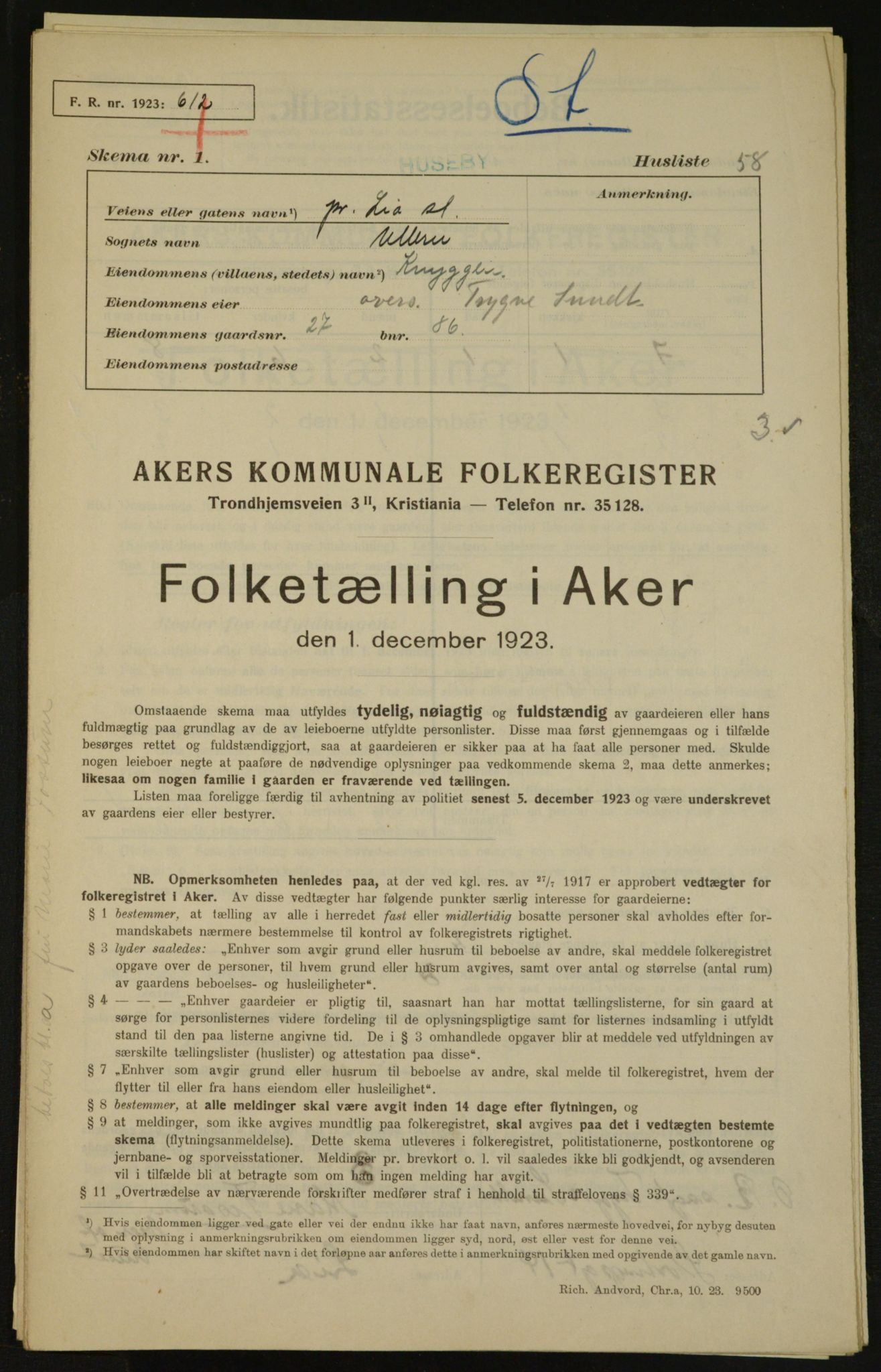 , Municipal Census 1923 for Aker, 1923, p. 3561