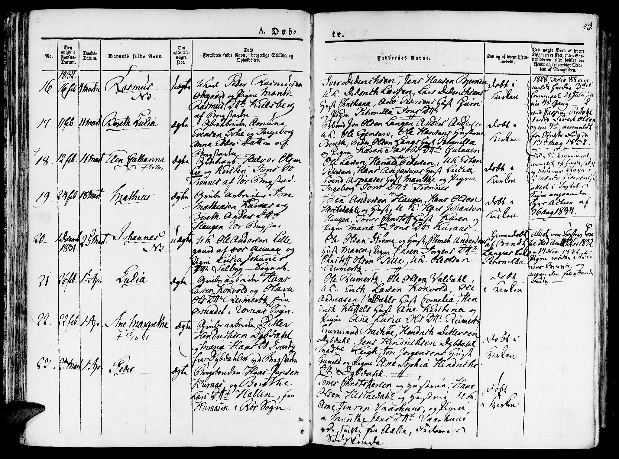 Ministerialprotokoller, klokkerbøker og fødselsregistre - Sør-Trøndelag, SAT/A-1456/681/L0930: Parish register (official) no. 681A08, 1829-1844, p. 43