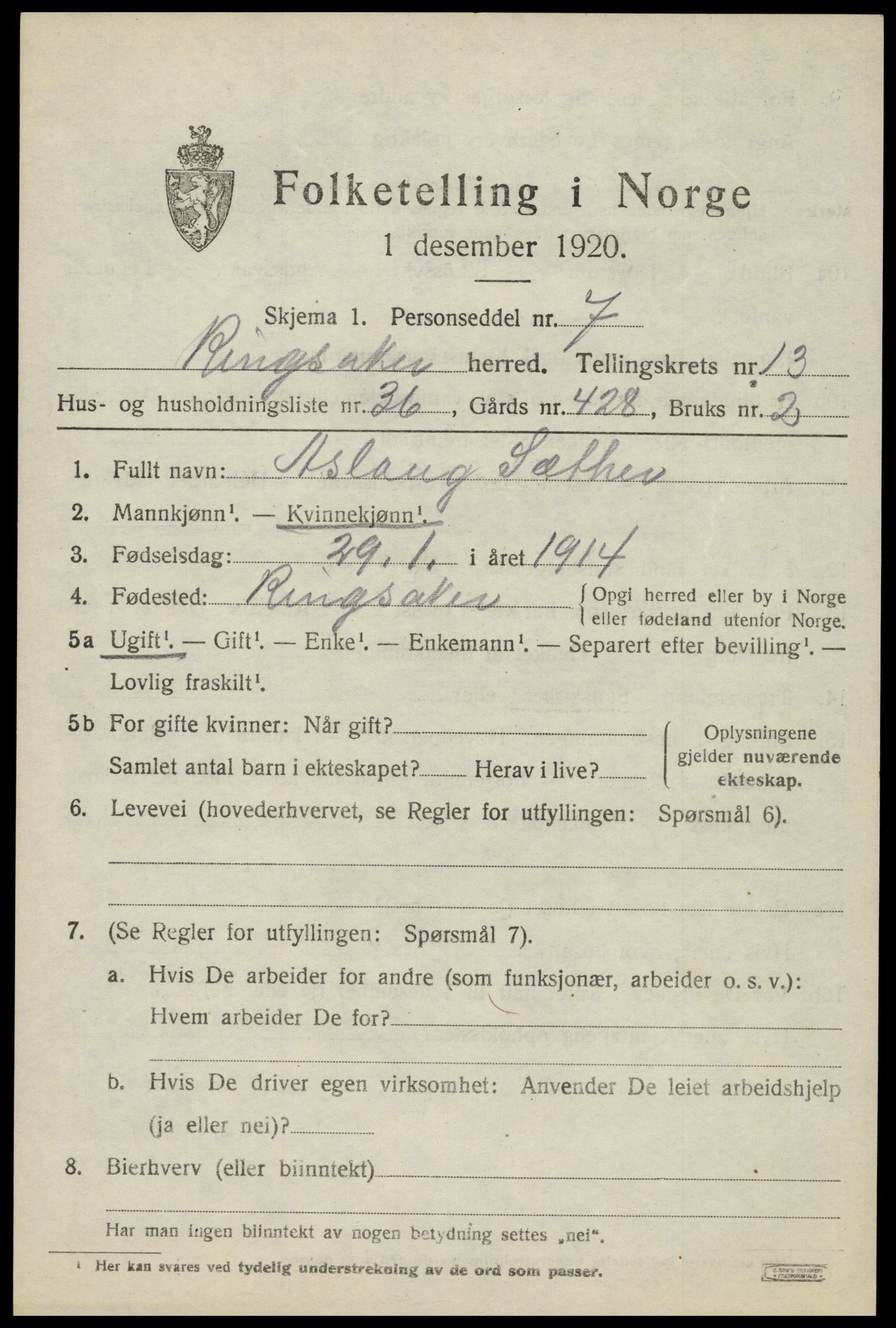 SAH, 1920 census for Ringsaker, 1920, p. 21132