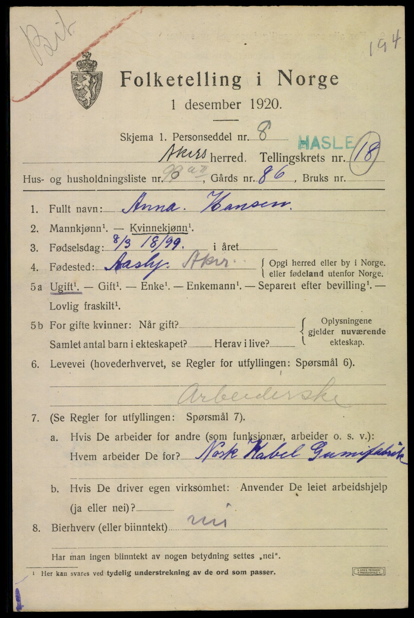 SAO, 1920 census for Aker, 1920, p. 116176