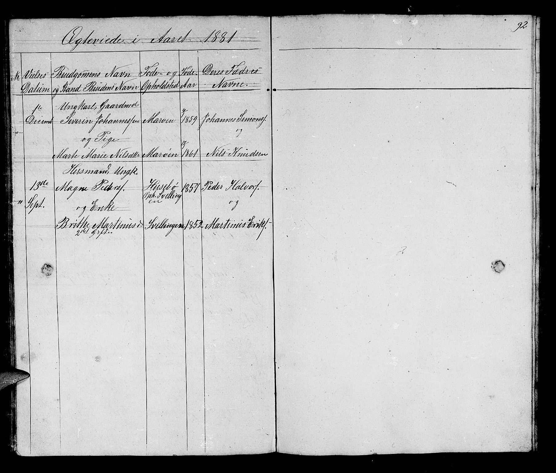 Manger sokneprestembete, AV/SAB-A-76801/H/Hab: Parish register (copy) no. B 1, 1856-1881, p. 92