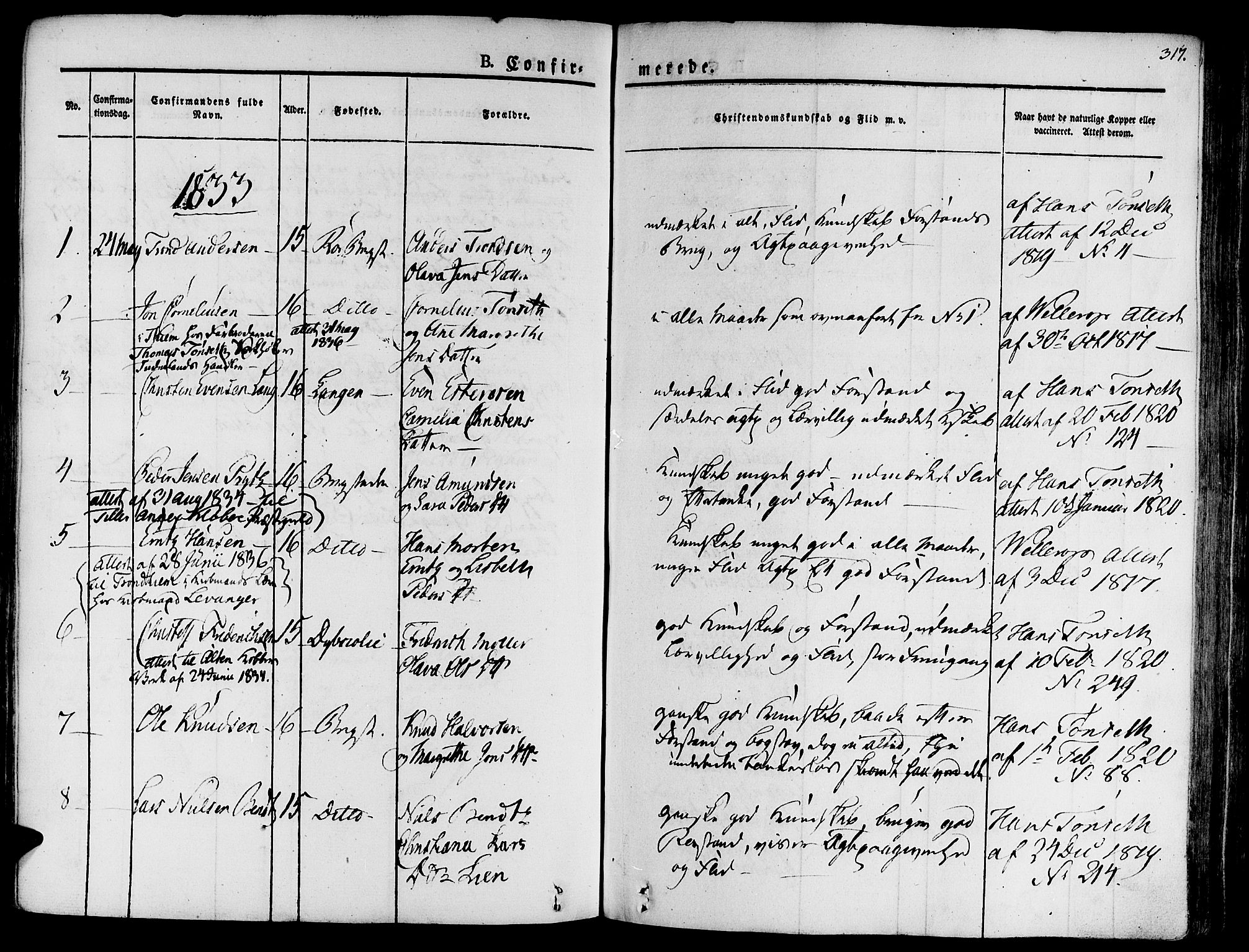 Ministerialprotokoller, klokkerbøker og fødselsregistre - Sør-Trøndelag, SAT/A-1456/681/L0930: Parish register (official) no. 681A08, 1829-1844, p. 317