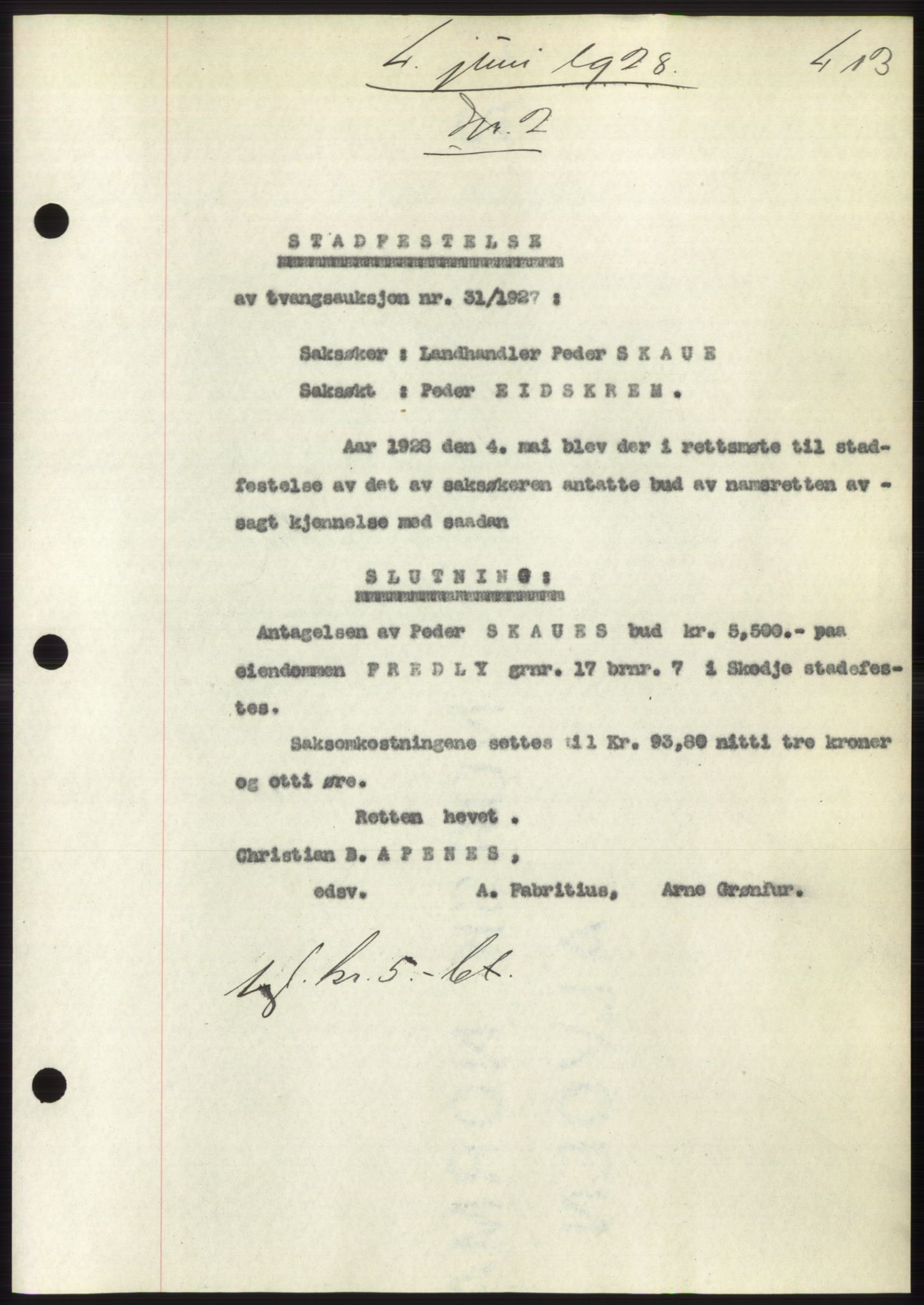 Nordre Sunnmøre sorenskriveri, AV/SAT-A-0006/1/2/2C/2Ca/L0041: Mortgage book no. 41, 1928-1928, Deed date: 04.06.1928