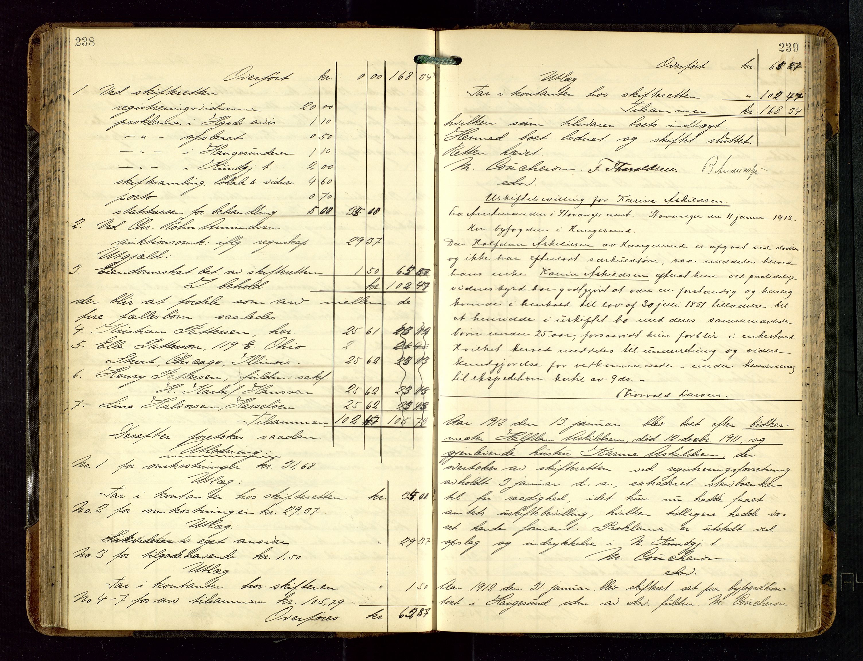 Haugesund tingrett, AV/SAST-A-101415/01/IV/IVD/L0002: Skifteutlodningsprotokoll, med register, 1904-1915, p. 238-239