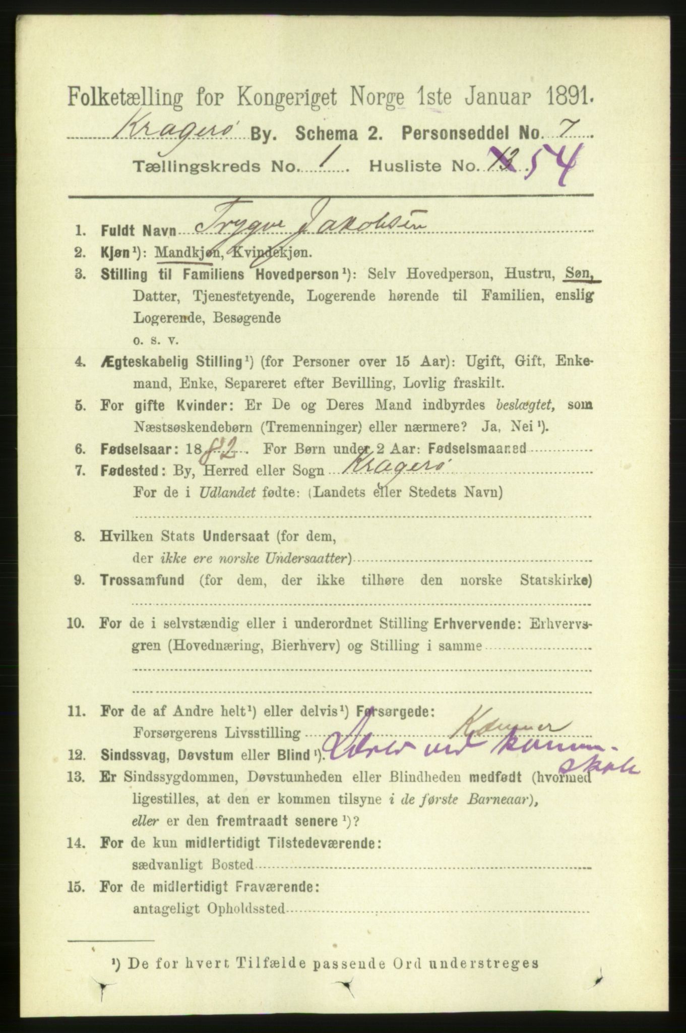 RA, 1891 census for 0801 Kragerø, 1891, p. 2109