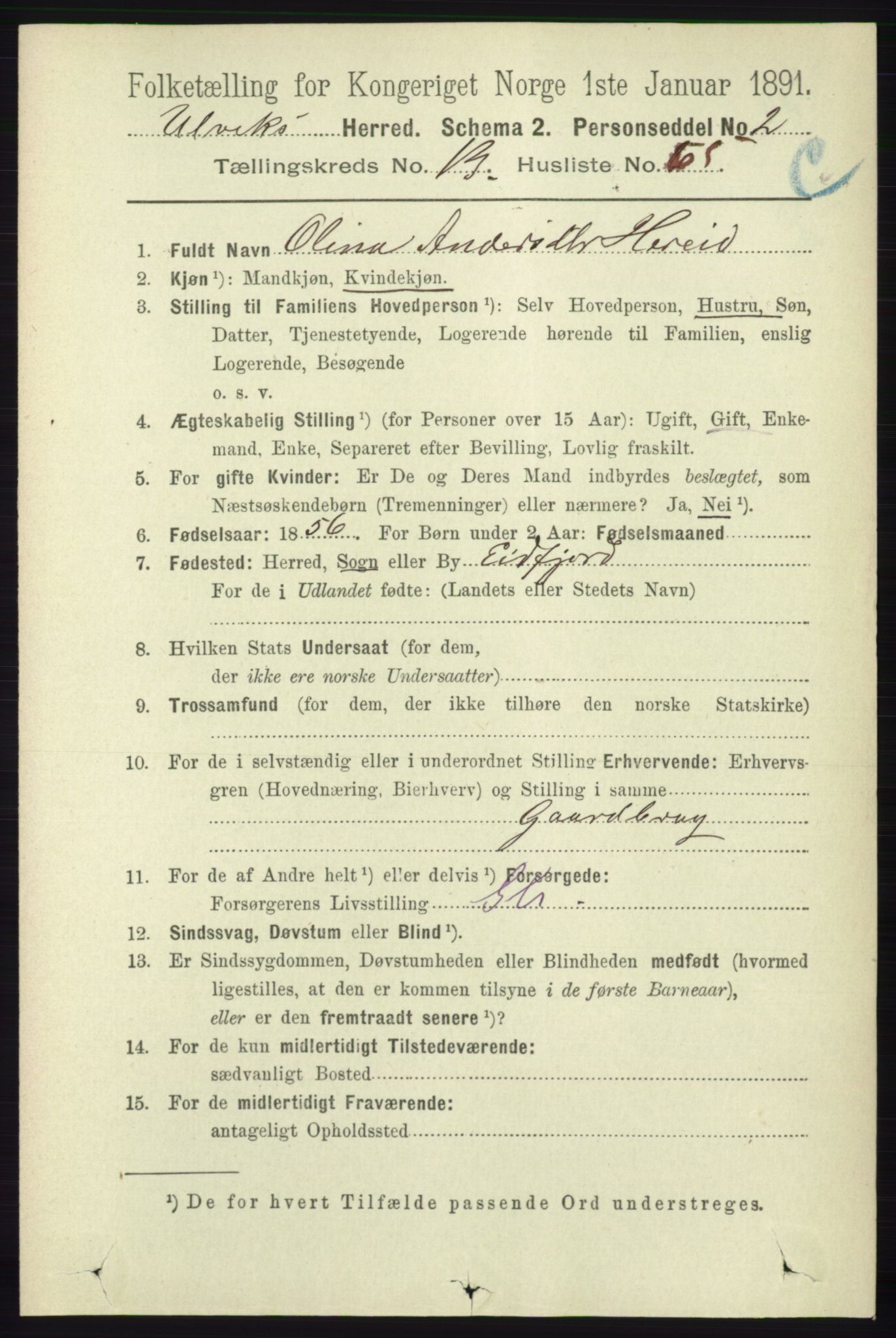 RA, 1891 census for 1233 Ulvik, 1891, p. 4202