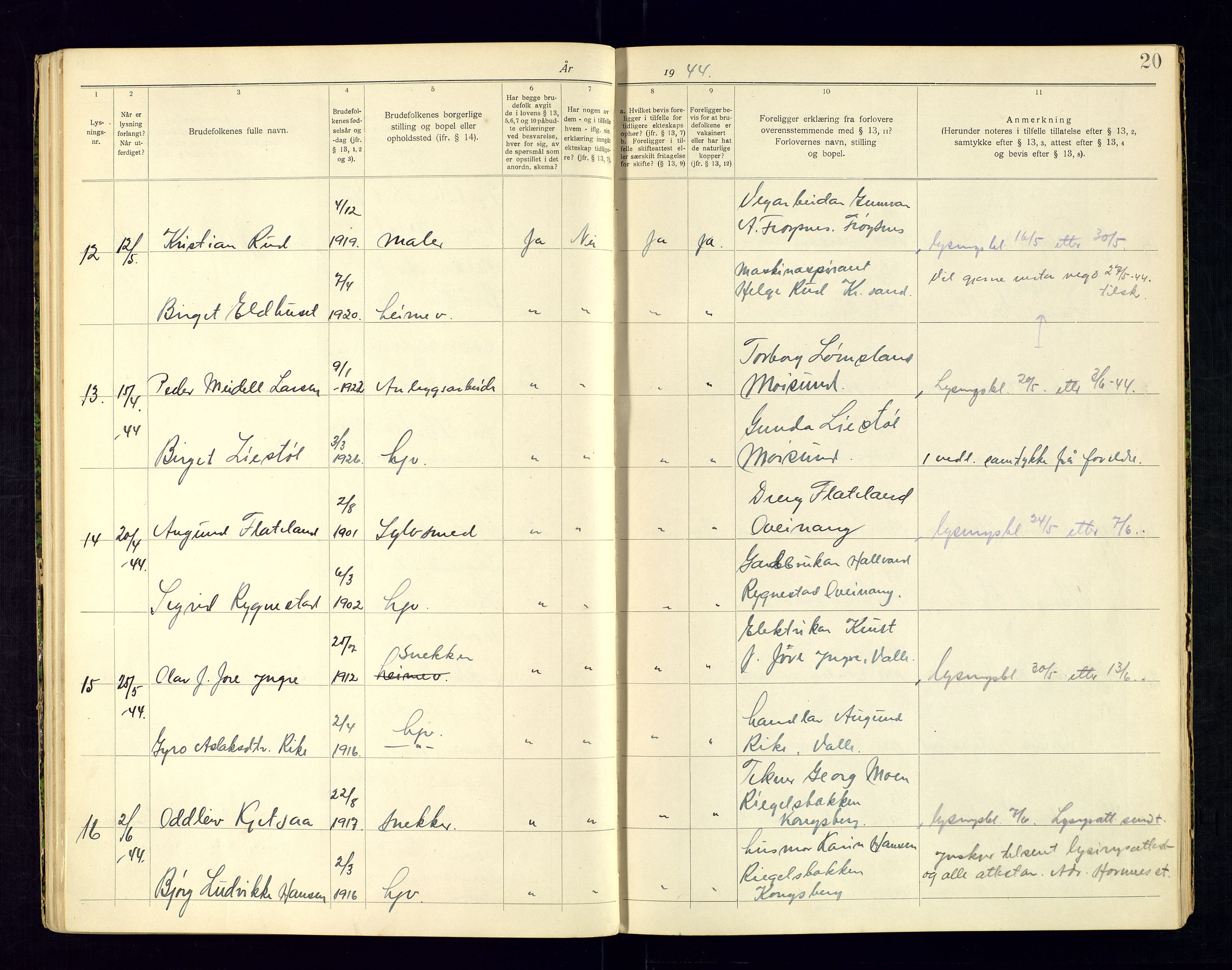 Setesdal  sorenskriveri - 2, AV/SAK-1221-0111/I/Ia/L0001/0001: Lysninger og vigsel / Lysningsbok, 1927-1969, p. 20