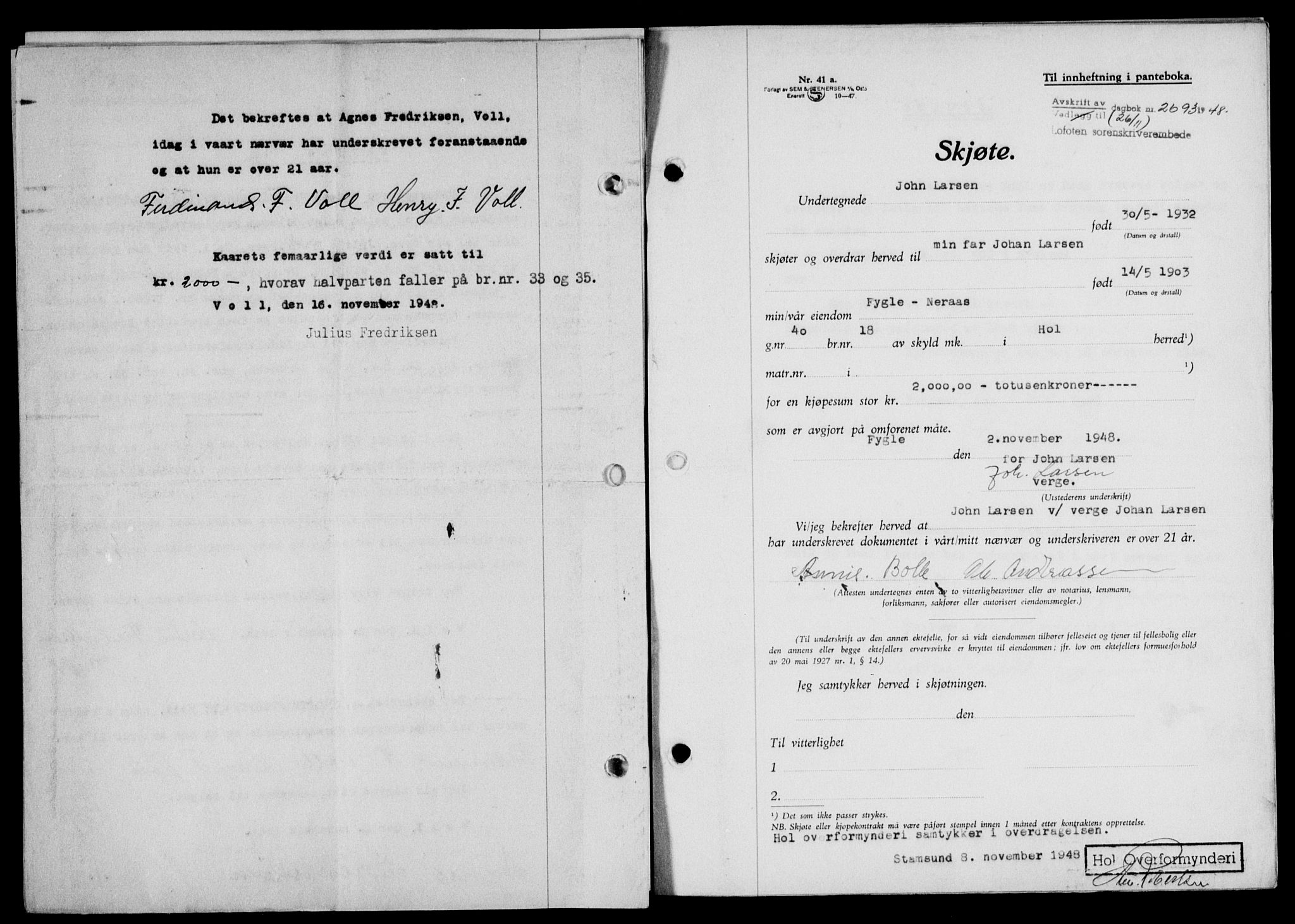 Lofoten sorenskriveri, SAT/A-0017/1/2/2C/L0019a: Mortgage book no. 19a, 1948-1948, Diary no: : 2693/1948