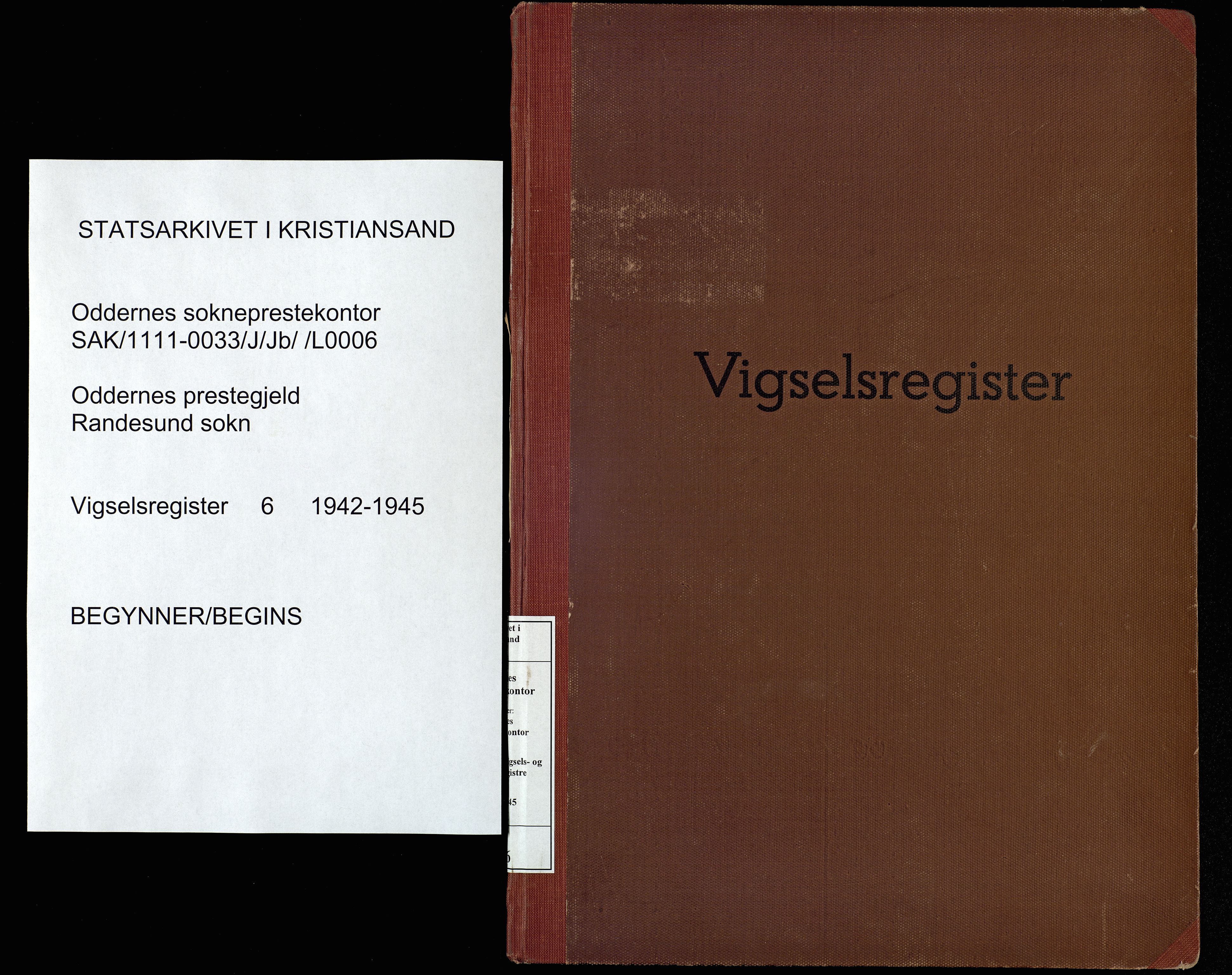 Oddernes sokneprestkontor, SAK/1111-0033/J/Jb/L0006: Marriage register no. 6, 1942-1945
