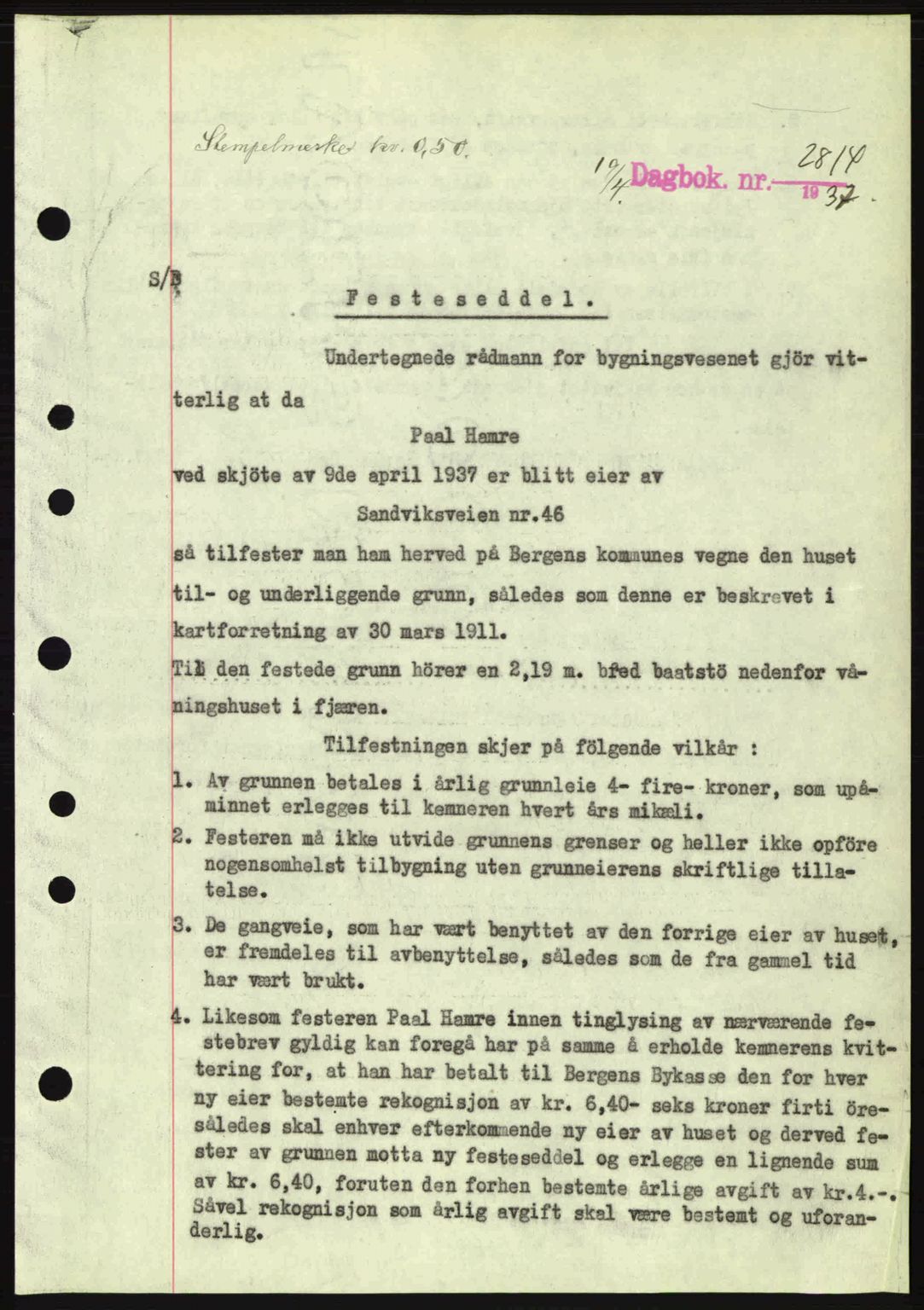 Byfogd og Byskriver i Bergen, SAB/A-3401/03/03Bc/L0004: Mortgage book no. A3-4, 1936-1937, Diary no: : 2814/1937