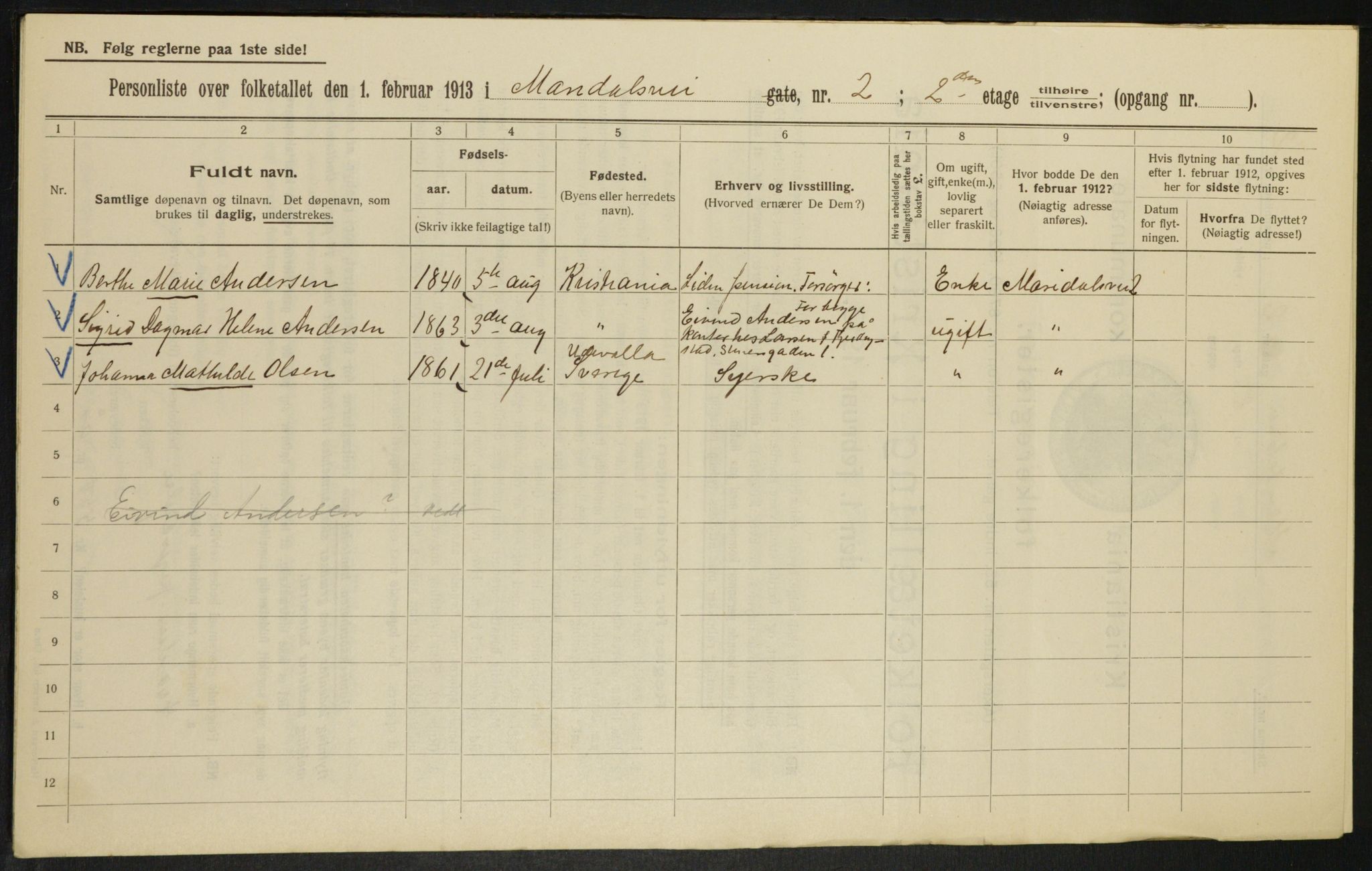 OBA, Municipal Census 1913 for Kristiania, 1913, p. 60397