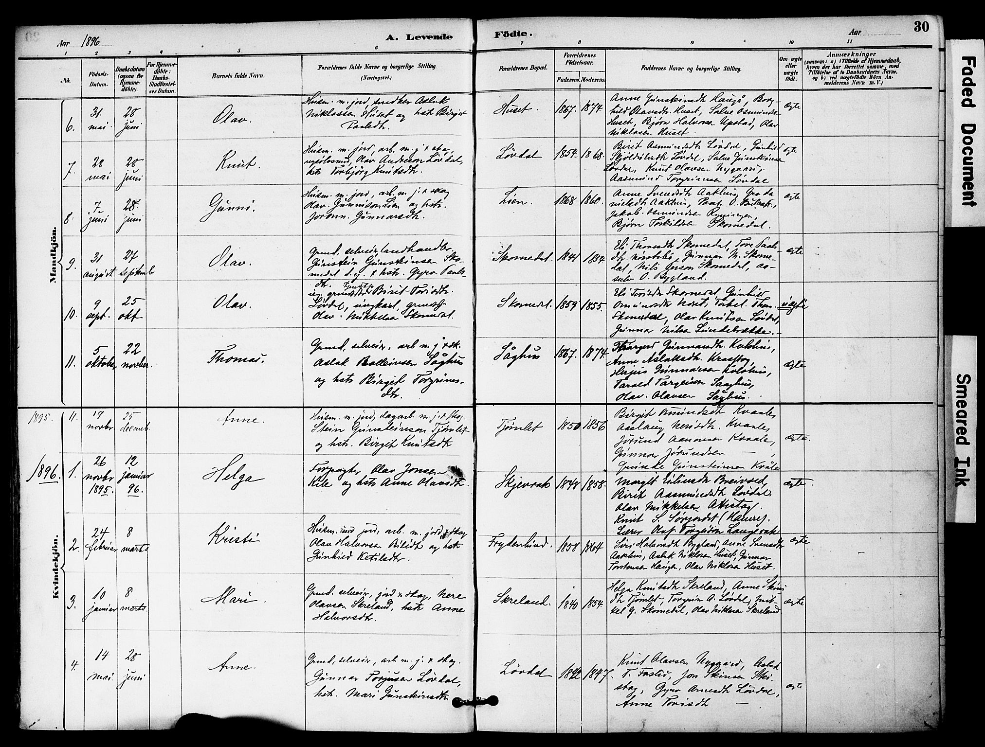 Bygland sokneprestkontor, AV/SAK-1111-0006/F/Fa/Fab/L0007: Parish register (official) no. A 7, 1885-1909, p. 30