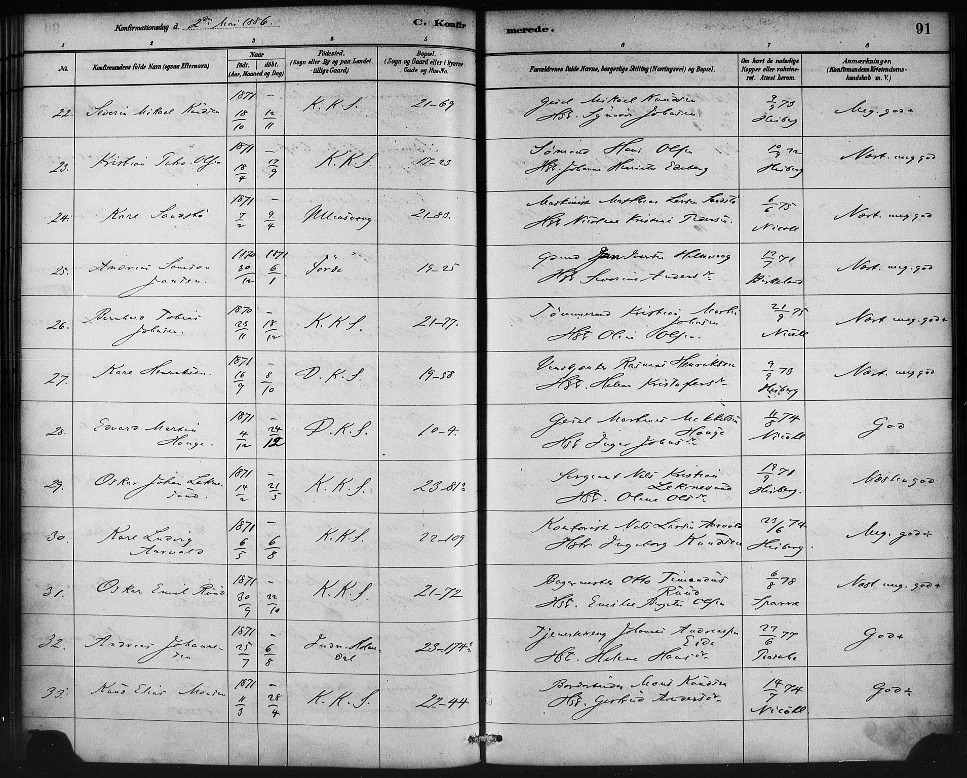 Korskirken sokneprestembete, SAB/A-76101/H/Haa/L0029: Parish register (official) no. C 5, 1880-1892, p. 91