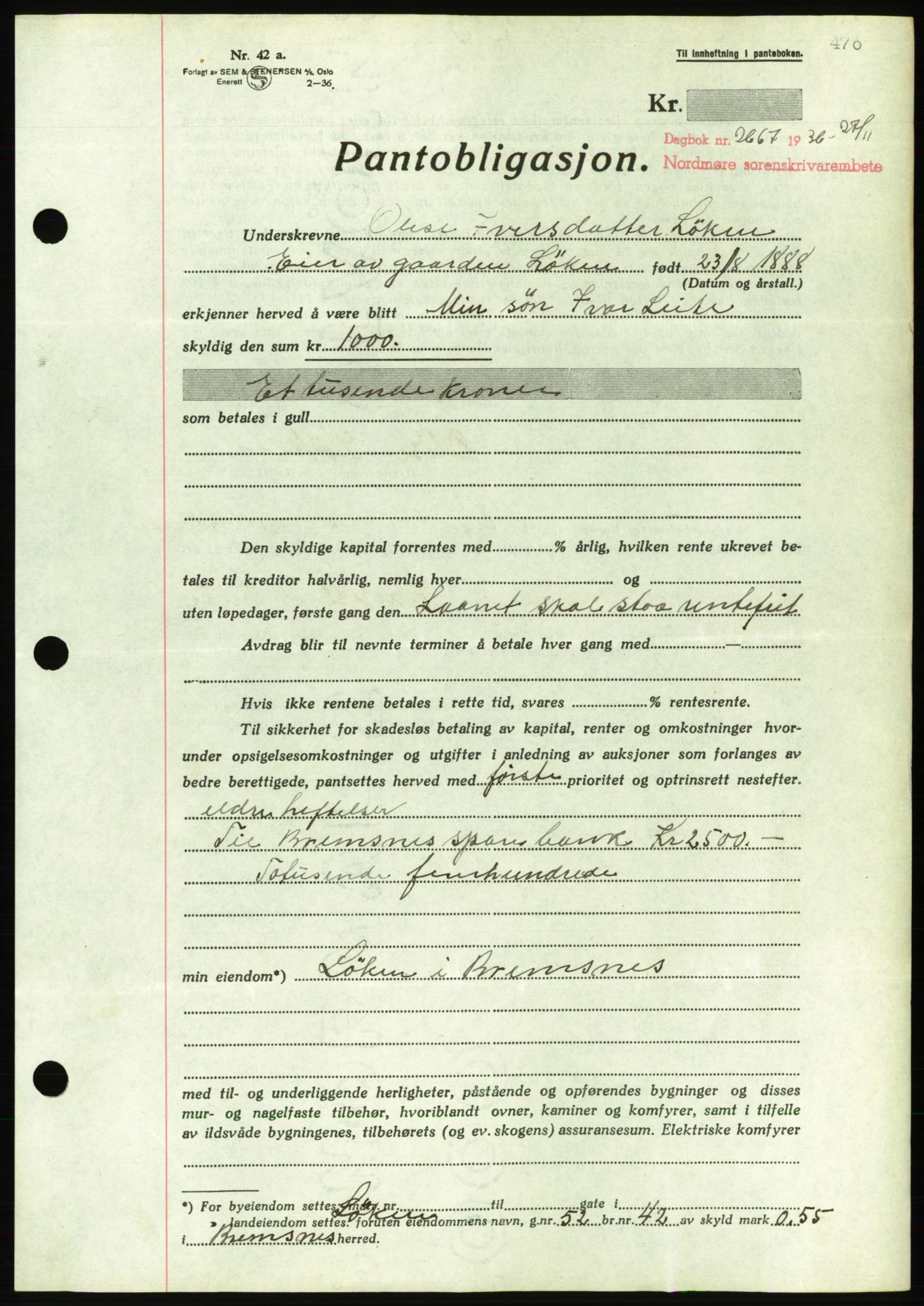 Nordmøre sorenskriveri, AV/SAT-A-4132/1/2/2Ca/L0090: Mortgage book no. B80, 1936-1937, Diary no: : 2667/1936