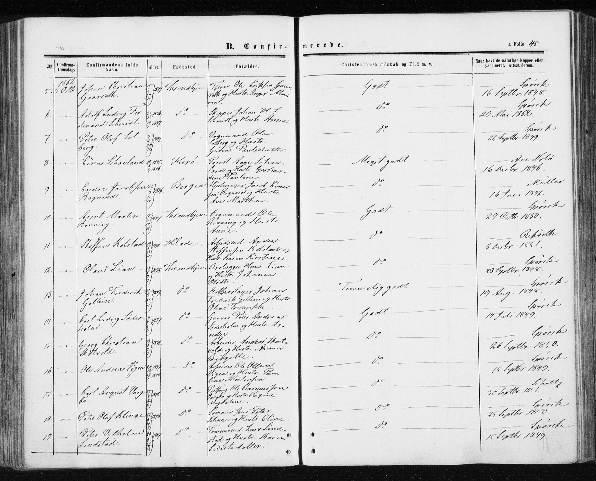 Ministerialprotokoller, klokkerbøker og fødselsregistre - Sør-Trøndelag, SAT/A-1456/601/L0053: Parish register (official) no. 601A21, 1857-1865, p. 45