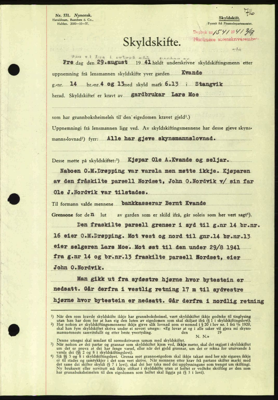 Nordmøre sorenskriveri, SAT/A-4132/1/2/2Ca: Mortgage book no. A90, 1941-1941, Diary no: : 1541/1941