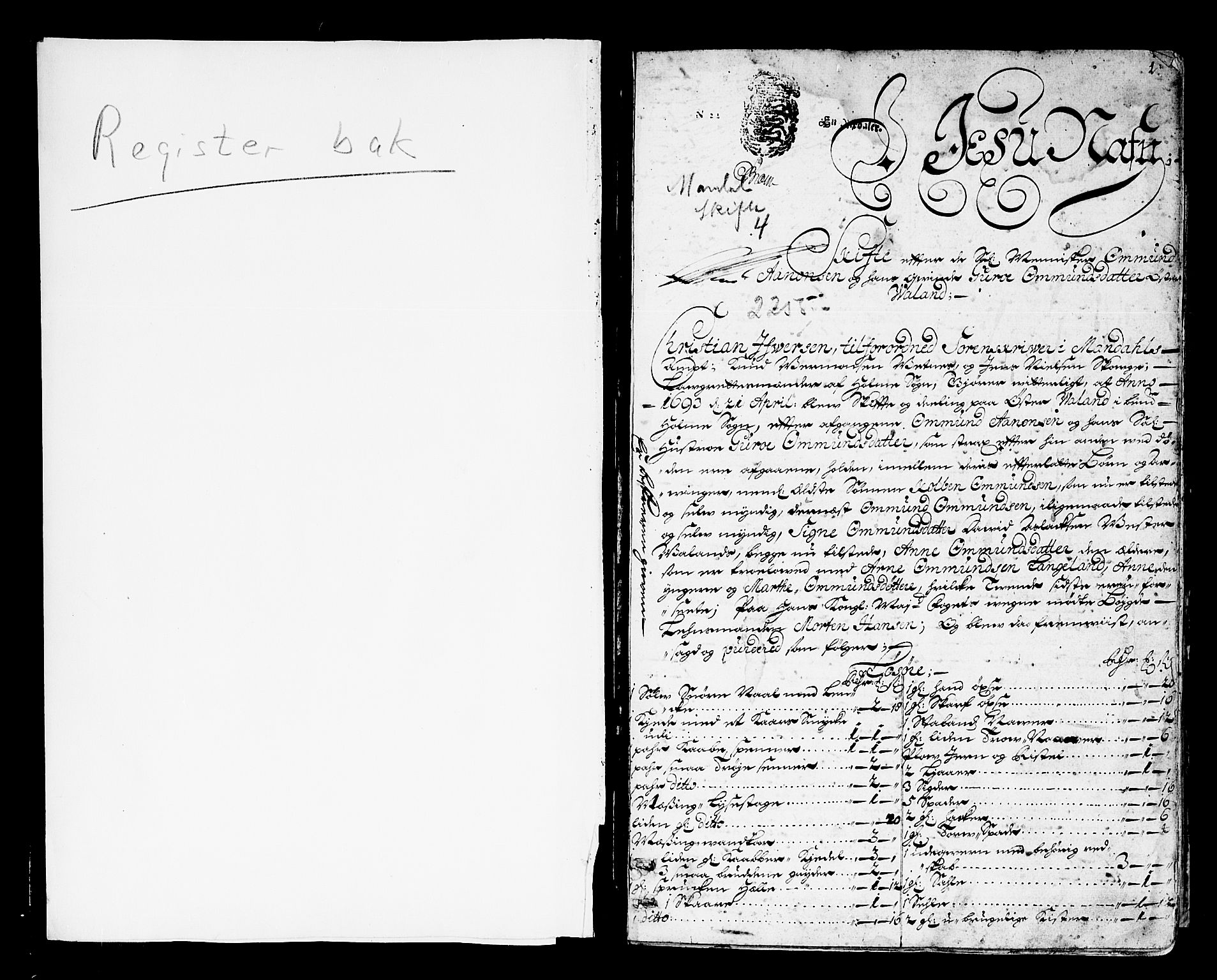 Mandal sorenskriveri, AV/SAK-1221-0005/001/H/Hc/L0008: Skifteprotokoll med register, original i eske nr 4a, 1693-1702, p. 0b-1a