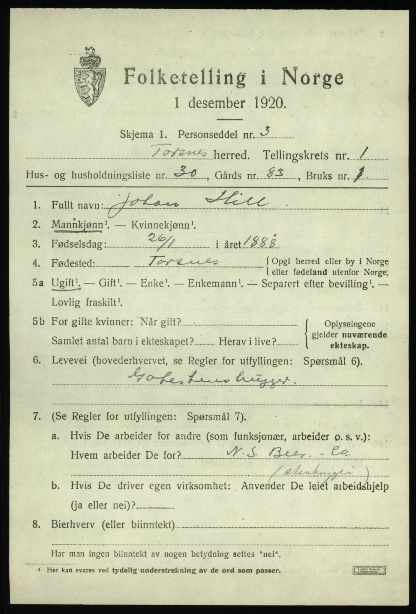 SAO, 1920 census for Torsnes, 1920, p. 799