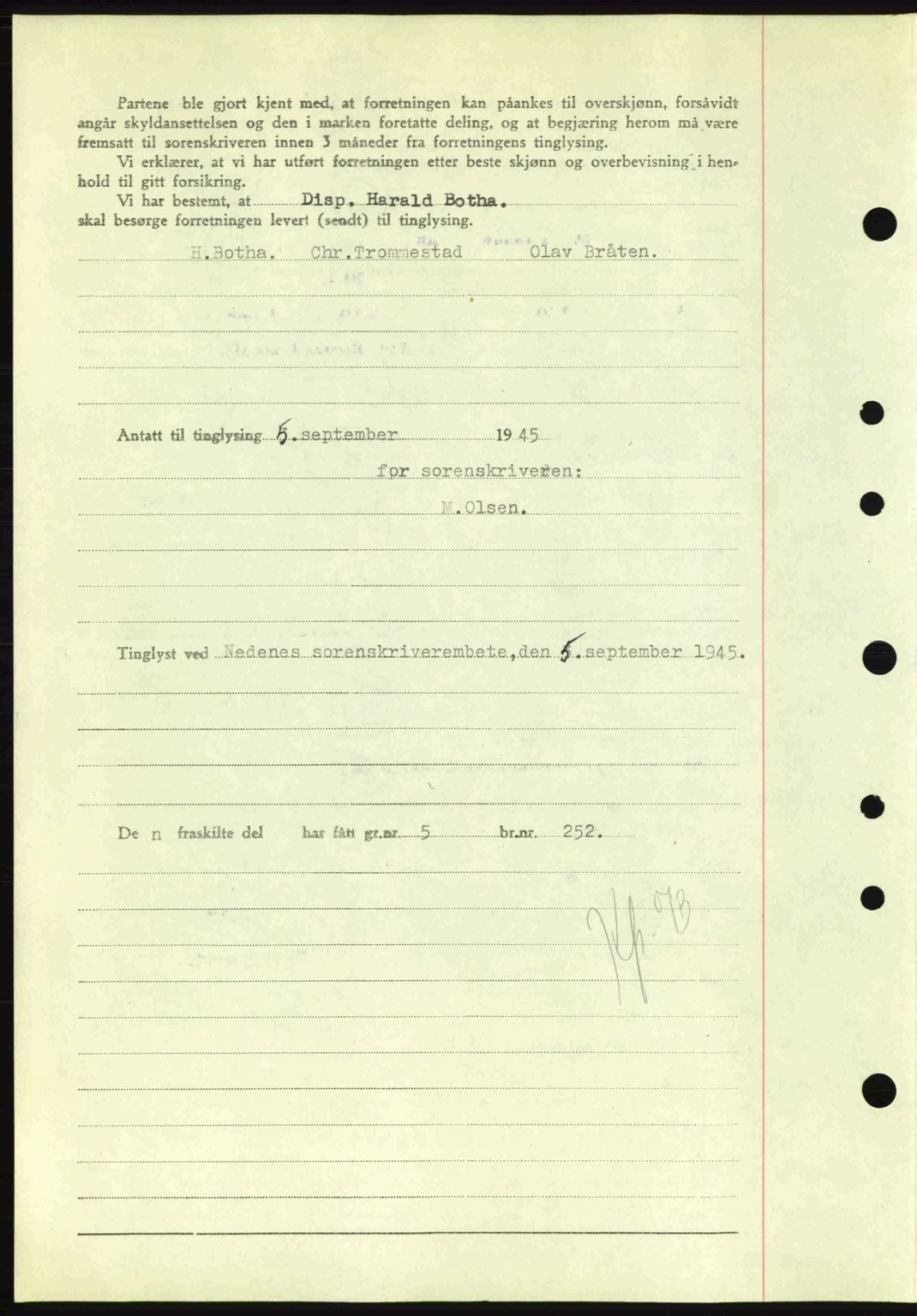 Nedenes sorenskriveri, AV/SAK-1221-0006/G/Gb/Gba/L0052: Mortgage book no. A6a, 1944-1945, Diary no: : 638/1945