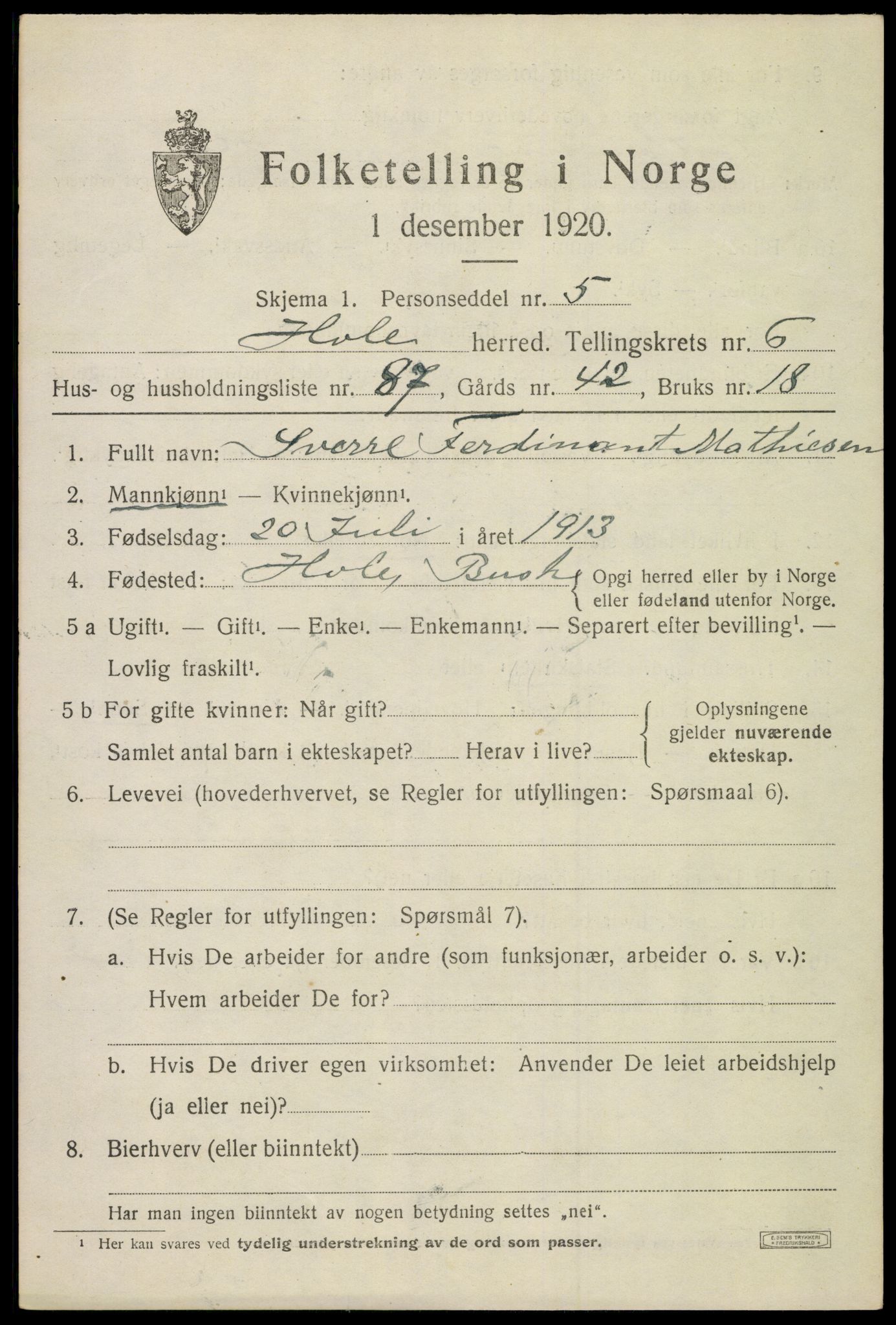 SAKO, 1920 census for Hole, 1920, p. 4337