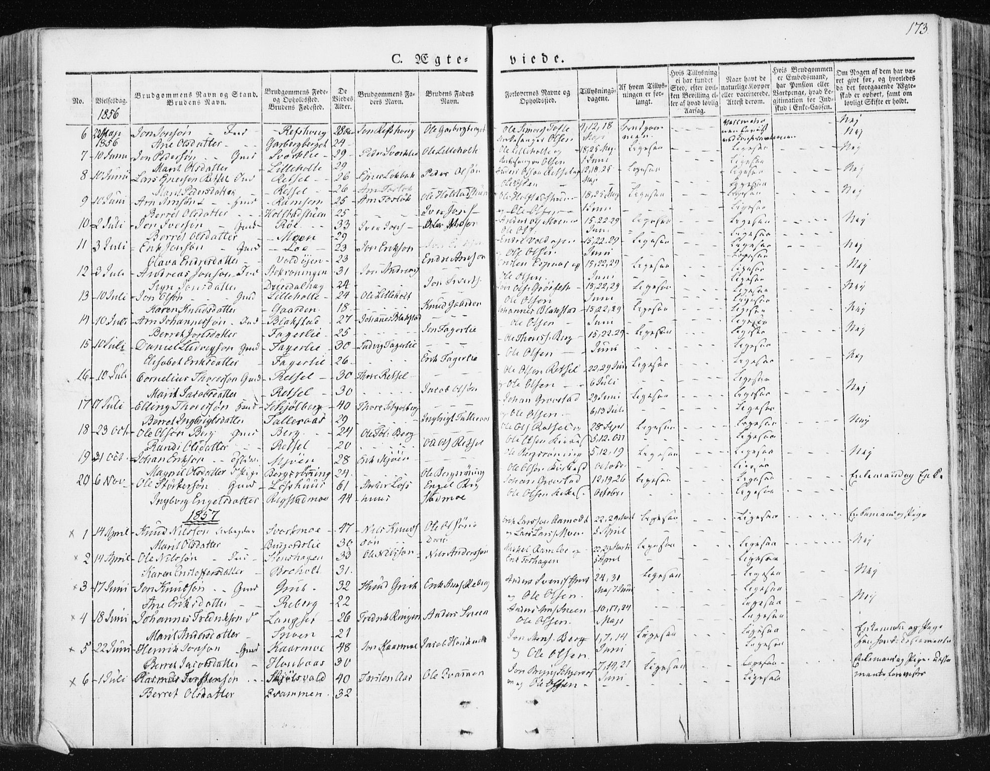 Ministerialprotokoller, klokkerbøker og fødselsregistre - Sør-Trøndelag, SAT/A-1456/672/L0855: Parish register (official) no. 672A07, 1829-1860, p. 173