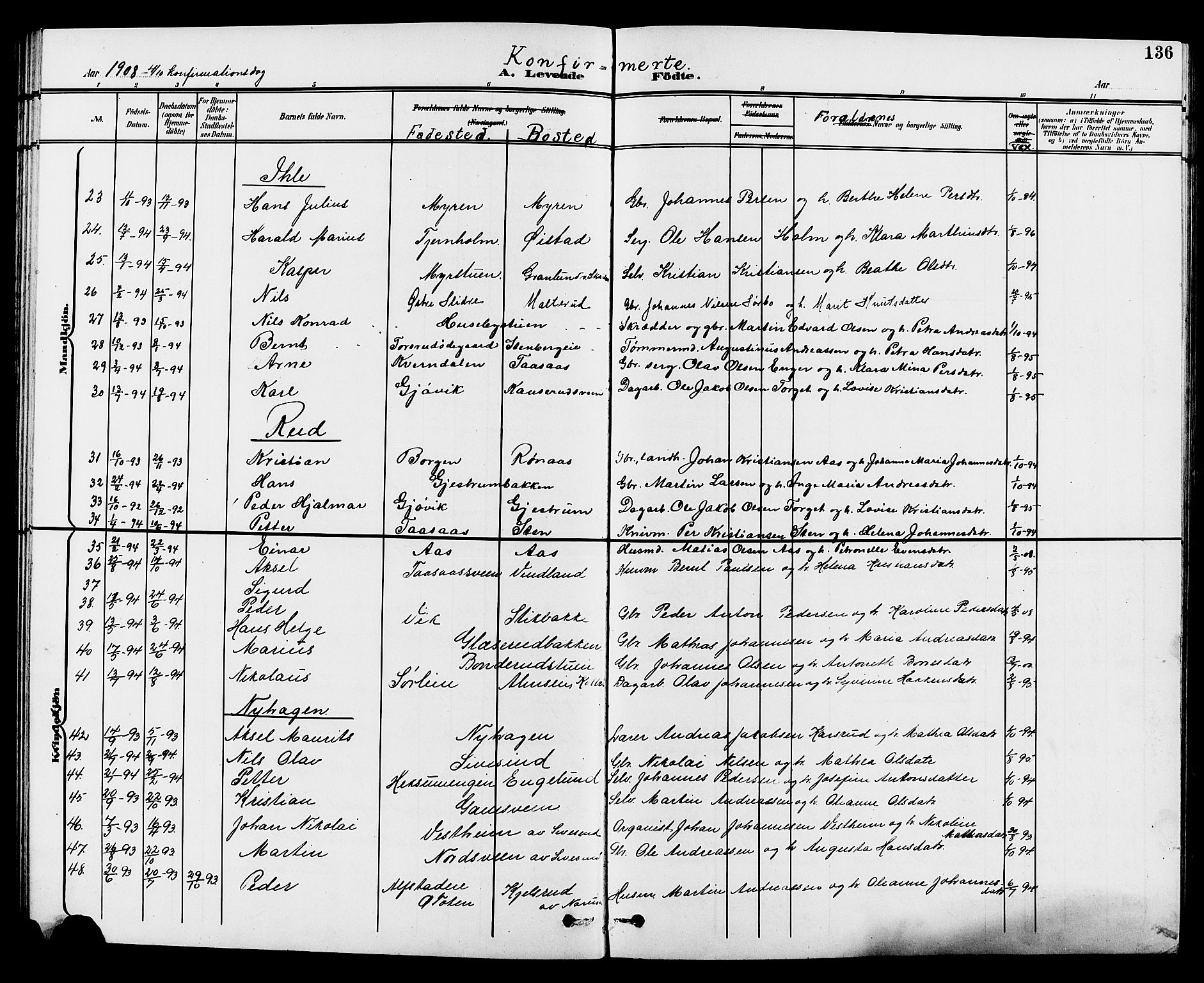 Vestre Toten prestekontor, AV/SAH-PREST-108/H/Ha/Hab/L0010: Parish register (copy) no. 10, 1900-1912, p. 136