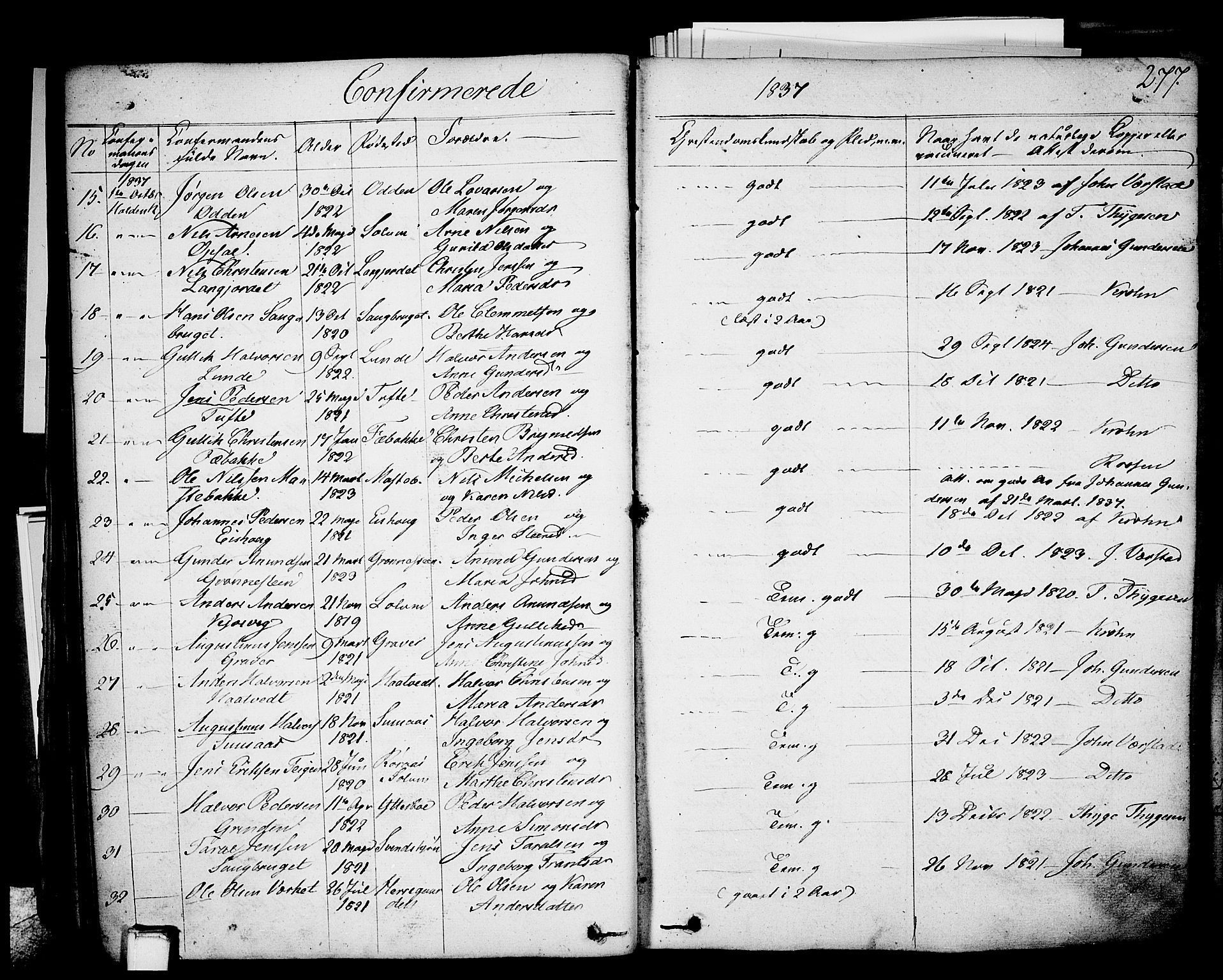 Holla kirkebøker, SAKO/A-272/F/Fa/L0004: Parish register (official) no. 4, 1830-1848, p. 277