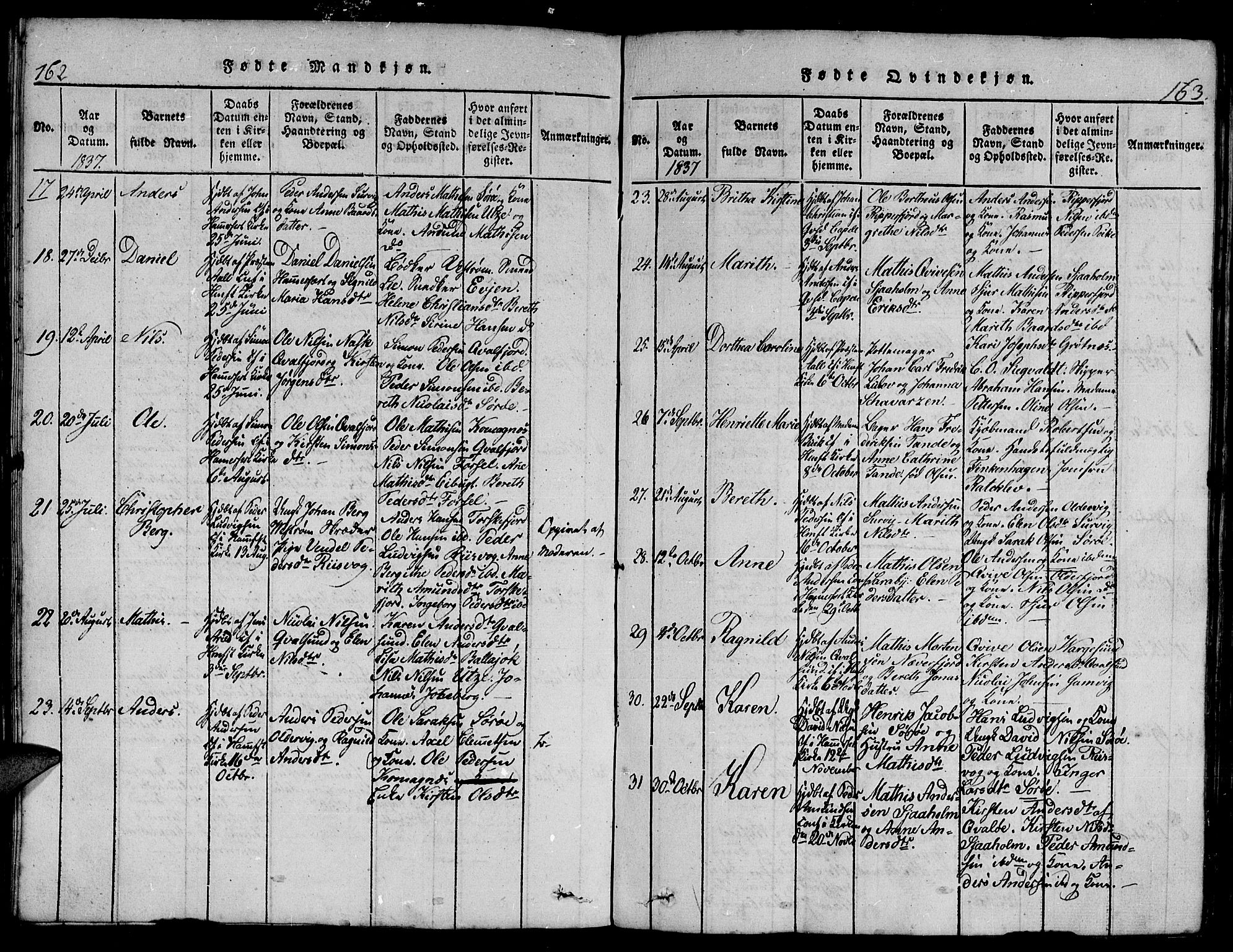 Hammerfest sokneprestkontor, AV/SATØ-S-1347/H/Hb/L0001.klokk: Parish register (copy) no. 1, 1822-1850, p. 162-163