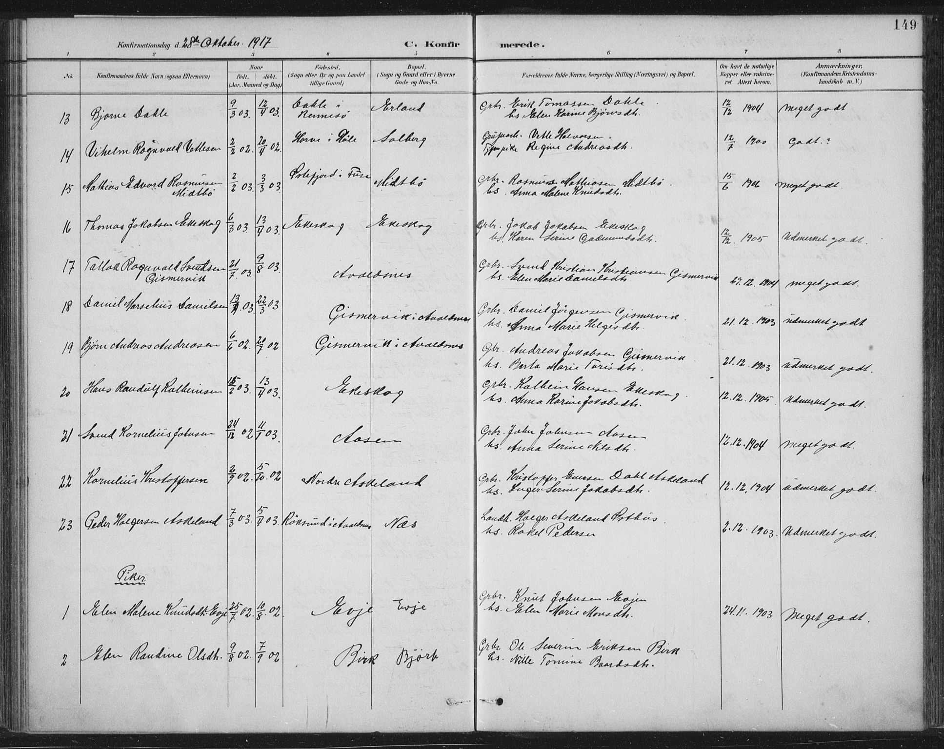 Tysvær sokneprestkontor, AV/SAST-A -101864/H/Ha/Haa/L0008: Parish register (official) no. A 8, 1897-1918, p. 149