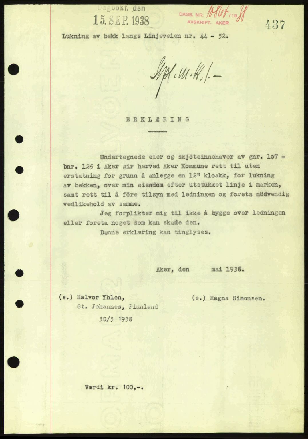 Aker herredsskriveri, SAO/A-10896/G/Gb/Gba/Gbab/L0025: Mortgage book no. A154-155, 1938-1938, Diary no: : 10867/1938