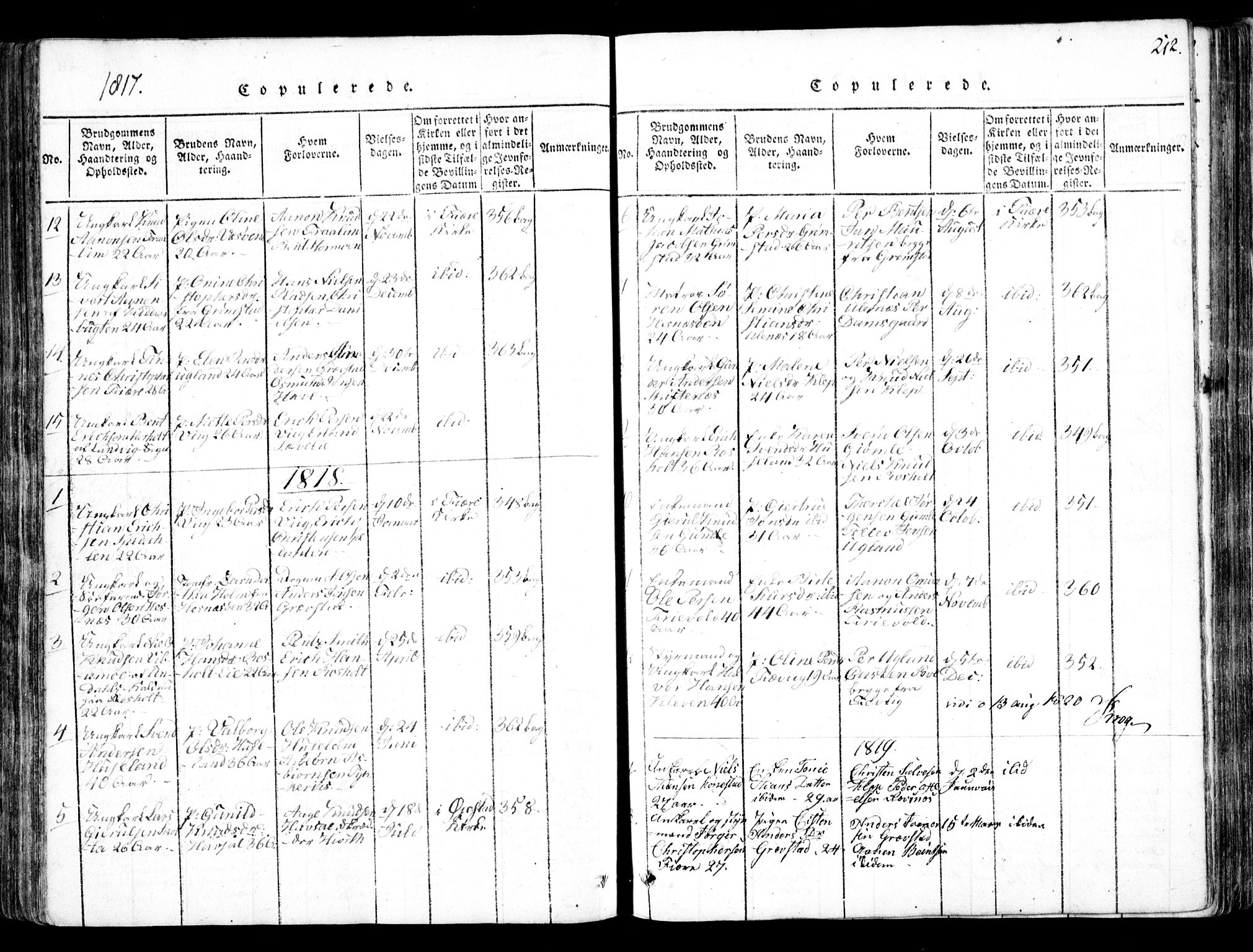 Fjære sokneprestkontor, AV/SAK-1111-0011/F/Fb/L0007: Parish register (copy) no. B 7, 1816-1826, p. 212
