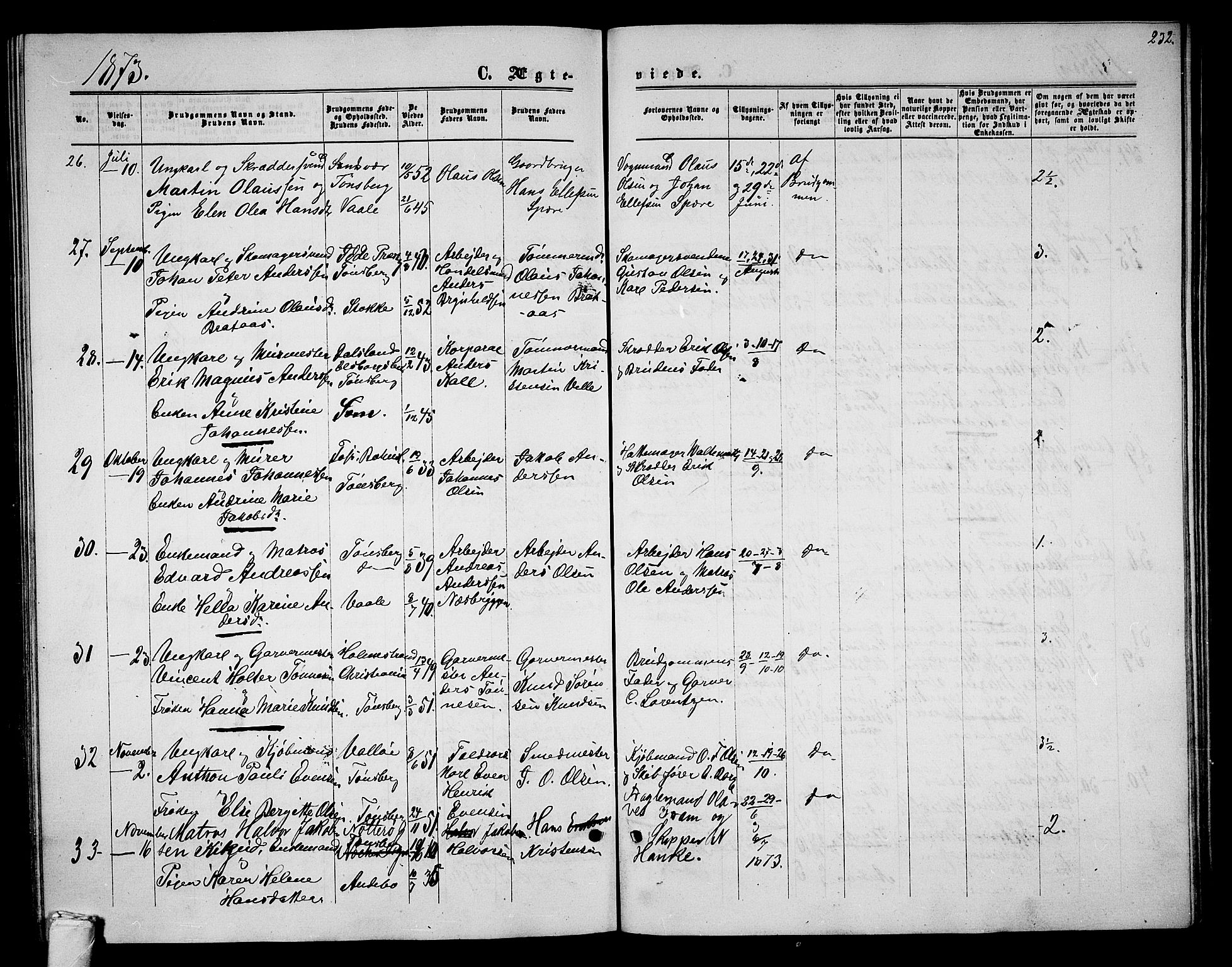 Tønsberg kirkebøker, AV/SAKO-A-330/G/Ga/L0004: Parish register (copy) no. 4, 1865-1874, p. 232