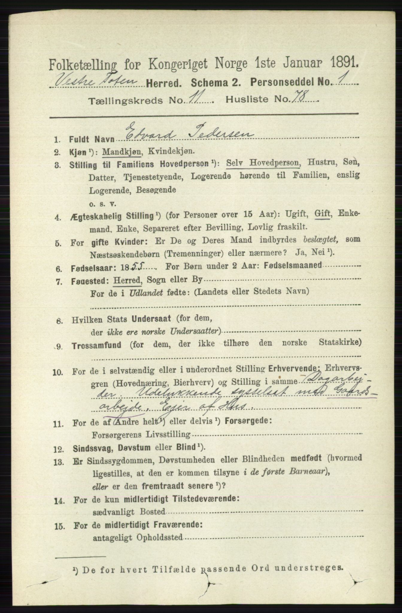 RA, 1891 census for 0529 Vestre Toten, 1891, p. 7180