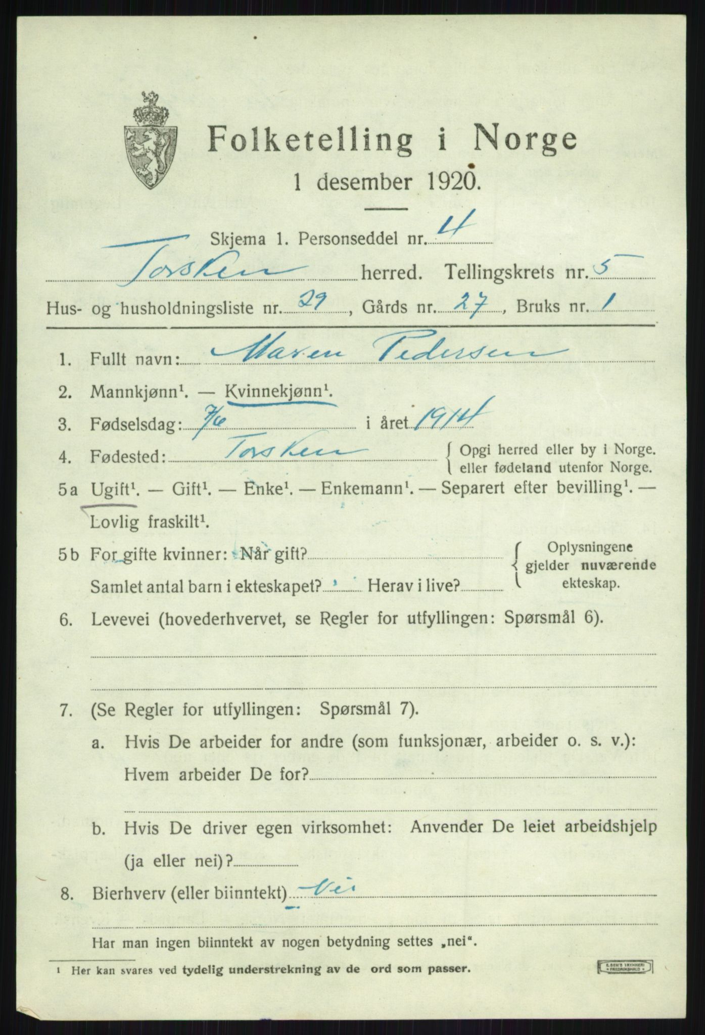 SATØ, 1920 census for Torsken, 1920, p. 2369