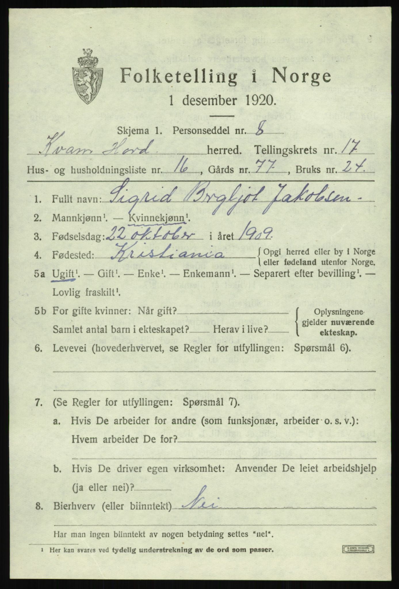 SAB, 1920 census for Kvam, 1920, p. 9471