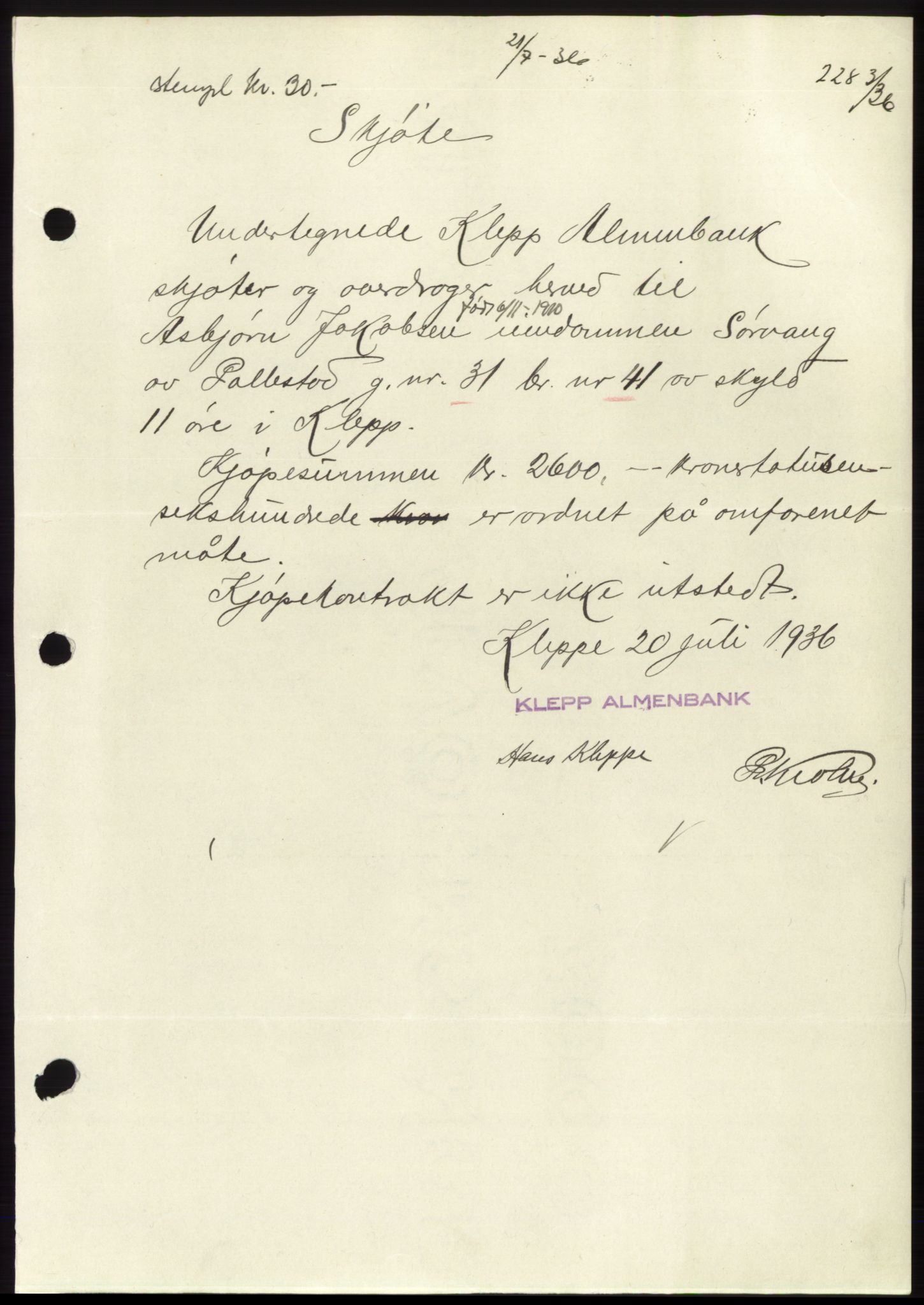 Jæren sorenskriveri, AV/SAST-A-100310/03/G/Gba/L0066: Mortgage book no. 71-72, 1936-1936, Diary no: : 2283/1936