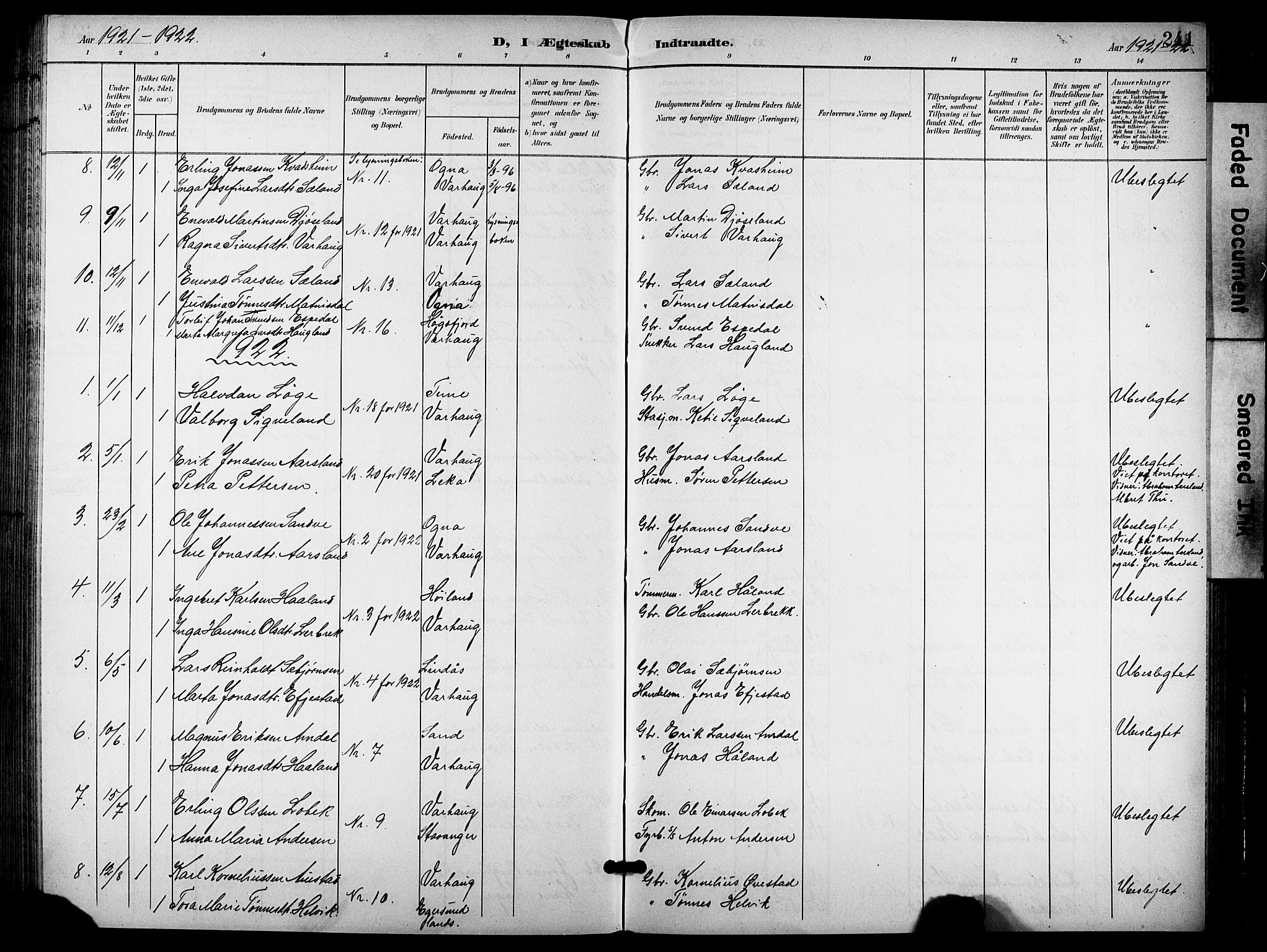 Hå sokneprestkontor, AV/SAST-A-101801/001/30BB/L0006: Parish register (copy) no. B 6, 1900-1924, p. 241