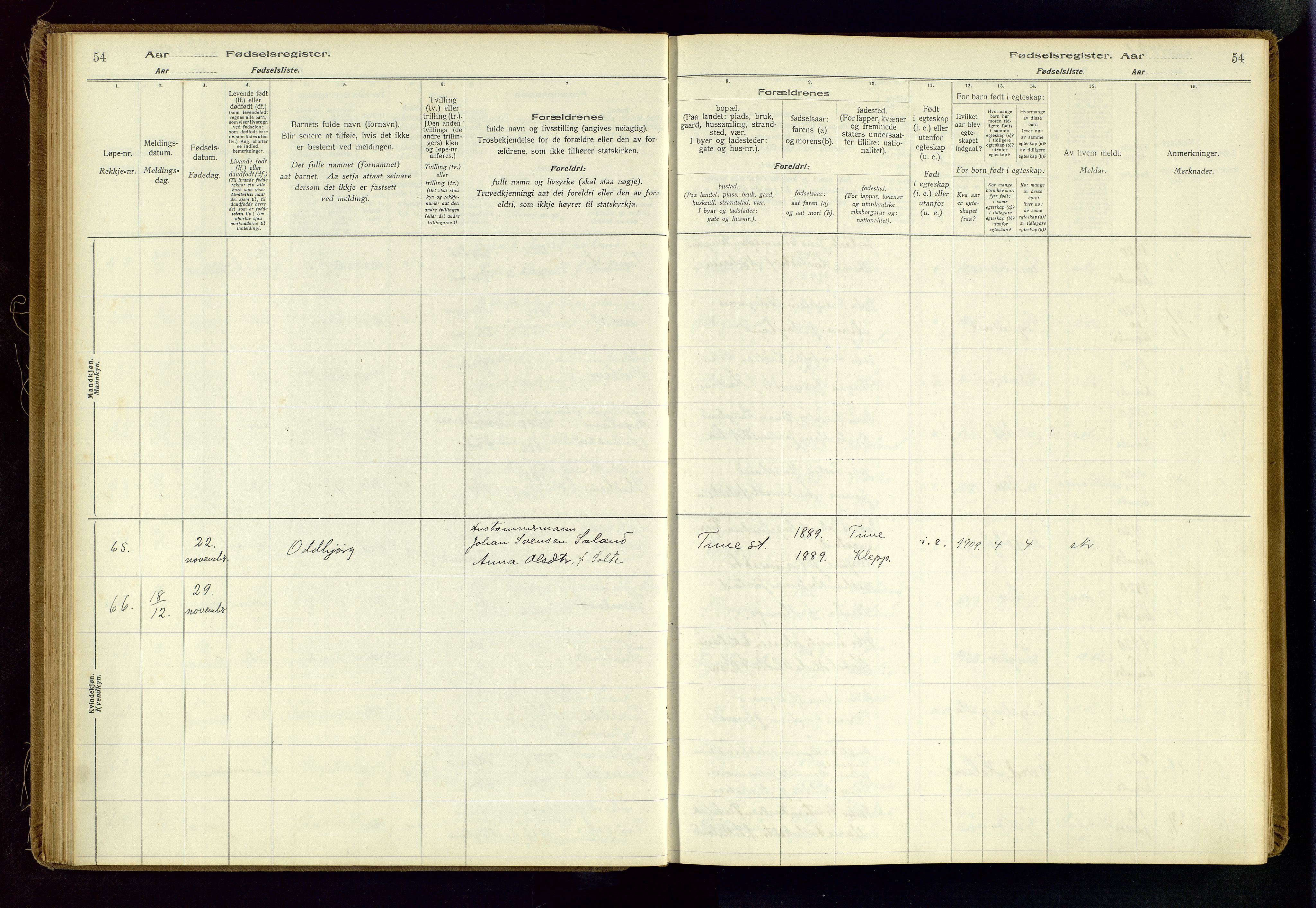 Time sokneprestkontor, SAST/A-101795/001/704BA/L0001: Birth register no. 1, 1916-1934, p. 54