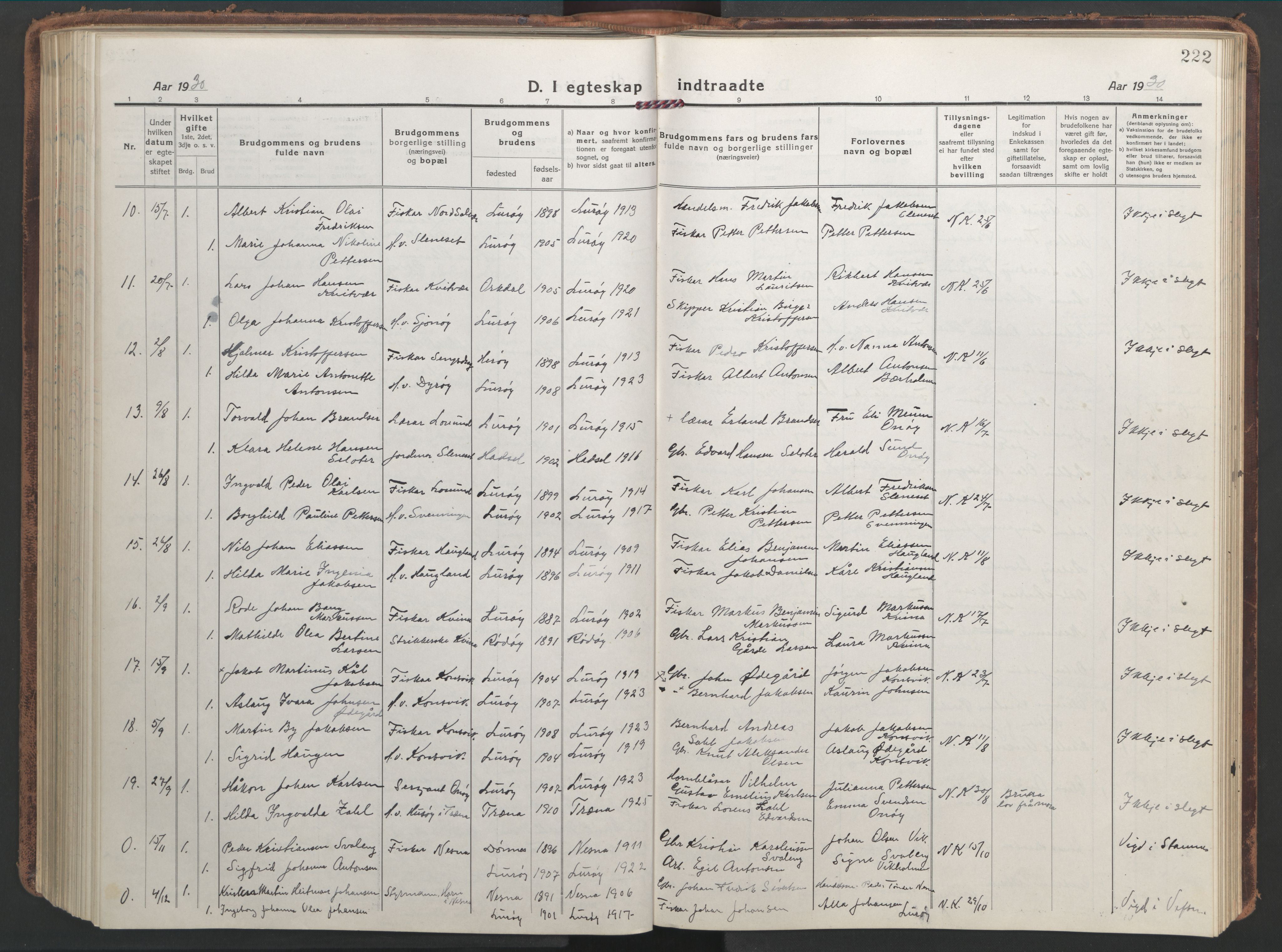 Ministerialprotokoller, klokkerbøker og fødselsregistre - Nordland, AV/SAT-A-1459/839/L0574: Parish register (copy) no. 839C04, 1918-1950, p. 222