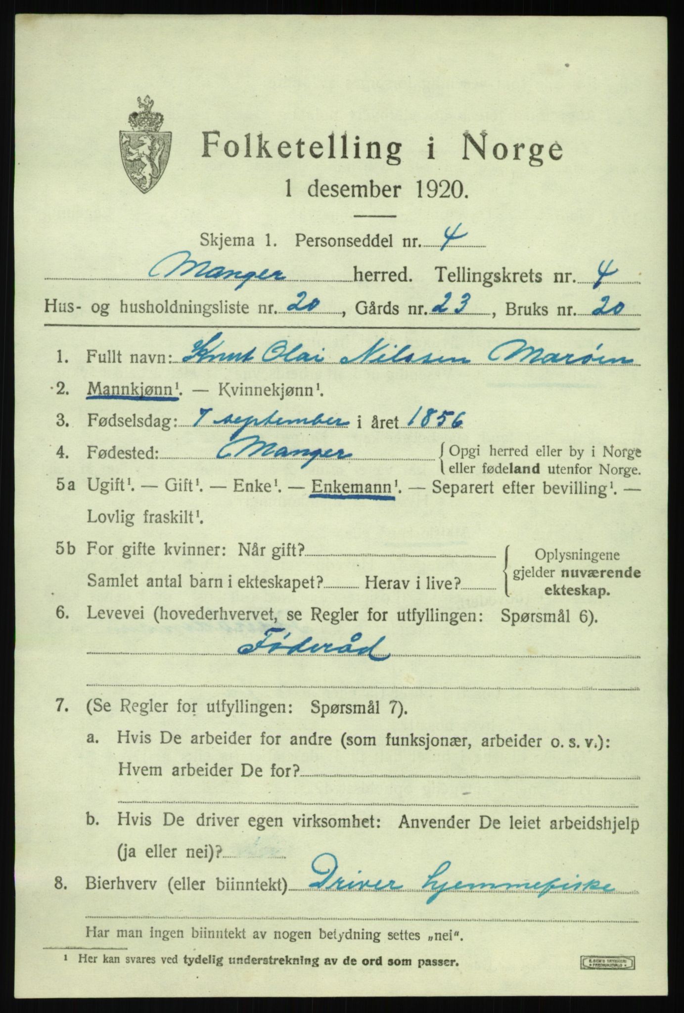 SAB, 1920 census for Manger, 1920, p. 3249