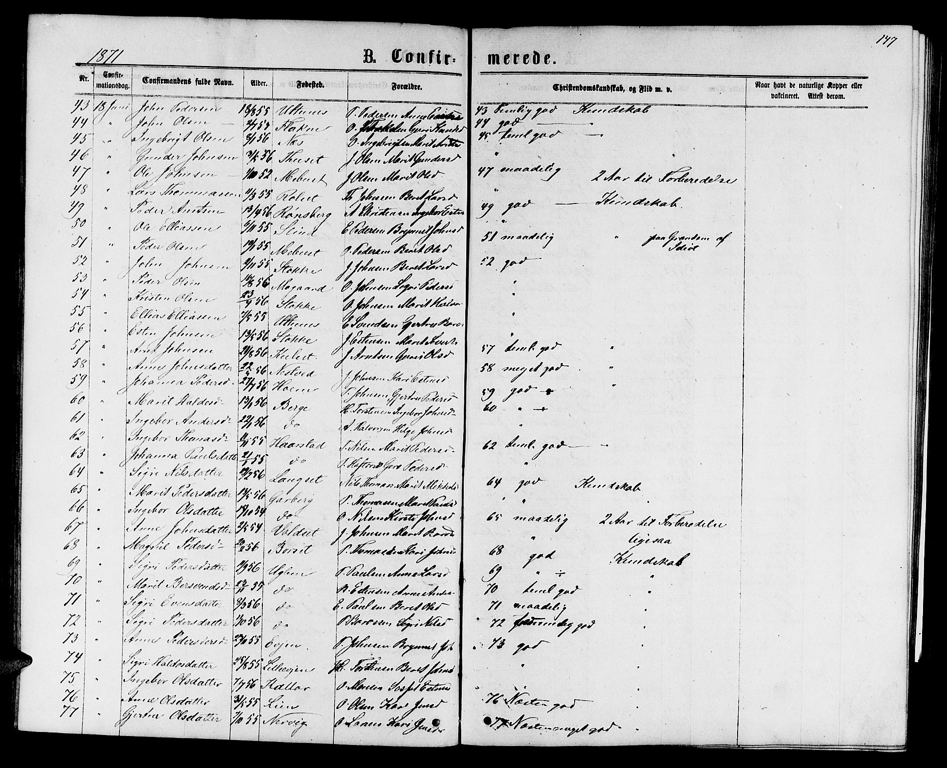 Ministerialprotokoller, klokkerbøker og fødselsregistre - Sør-Trøndelag, SAT/A-1456/695/L1156: Parish register (copy) no. 695C07, 1869-1888, p. 147
