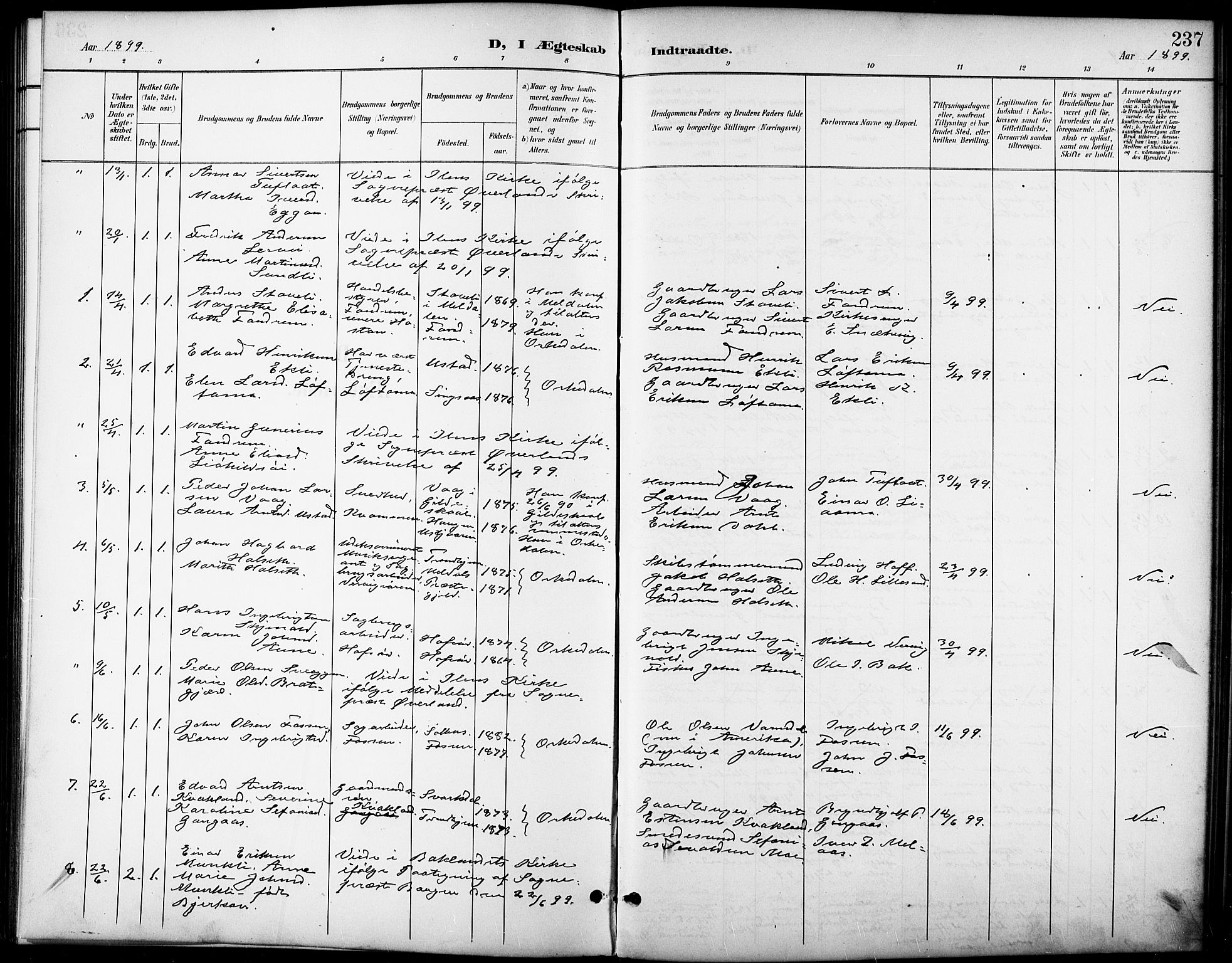 Ministerialprotokoller, klokkerbøker og fødselsregistre - Sør-Trøndelag, SAT/A-1456/668/L0819: Parish register (copy) no. 668C08, 1899-1912, p. 237