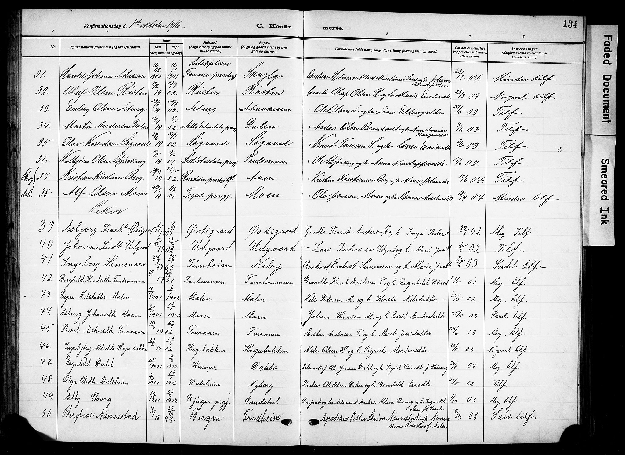 Tynset prestekontor, AV/SAH-PREST-058/H/Ha/Hab/L0011: Parish register (copy) no. 11, 1915-1930, p. 134