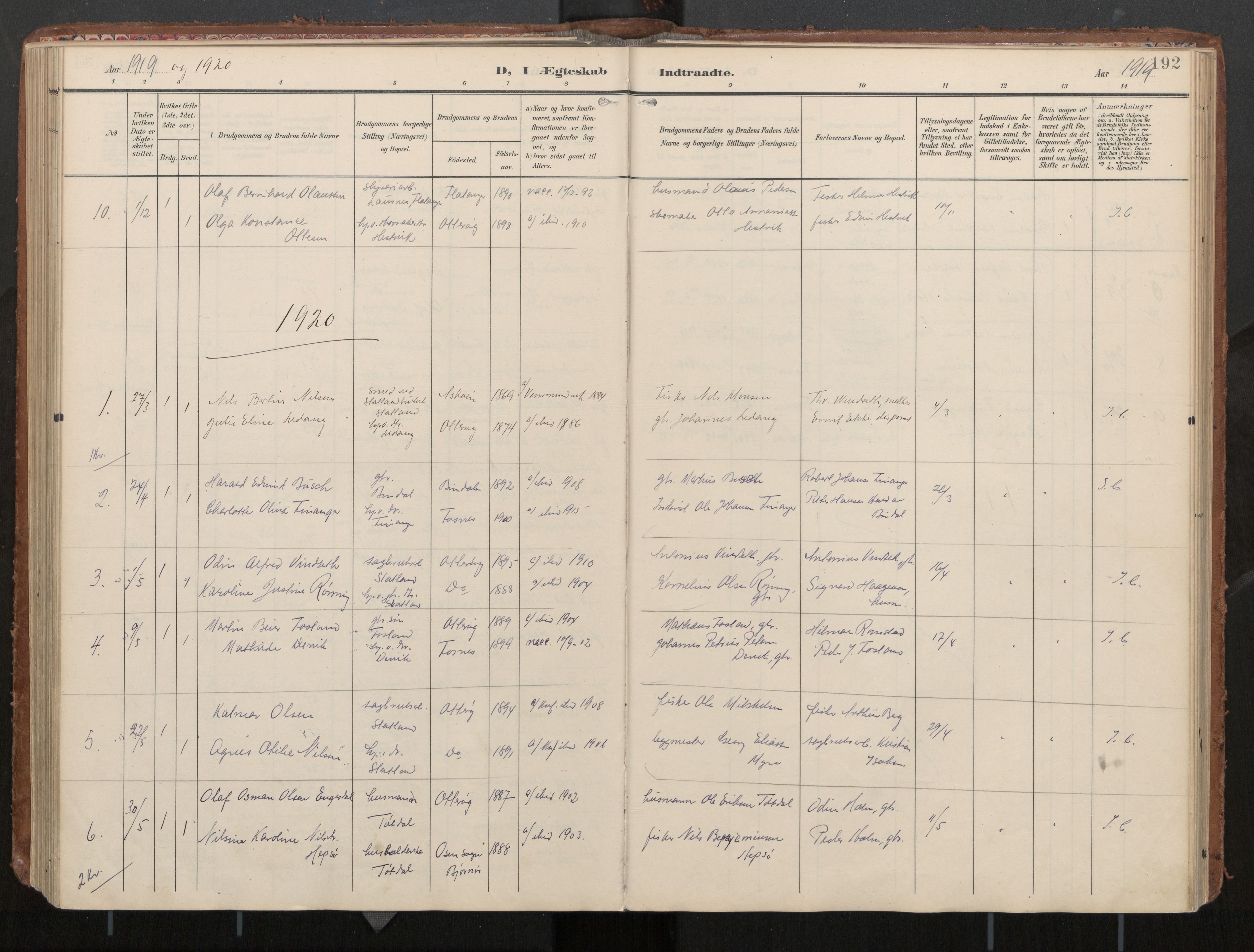 Ministerialprotokoller, klokkerbøker og fødselsregistre - Nord-Trøndelag, AV/SAT-A-1458/774/L0629: Parish register (official), 1904-1926, p. 192