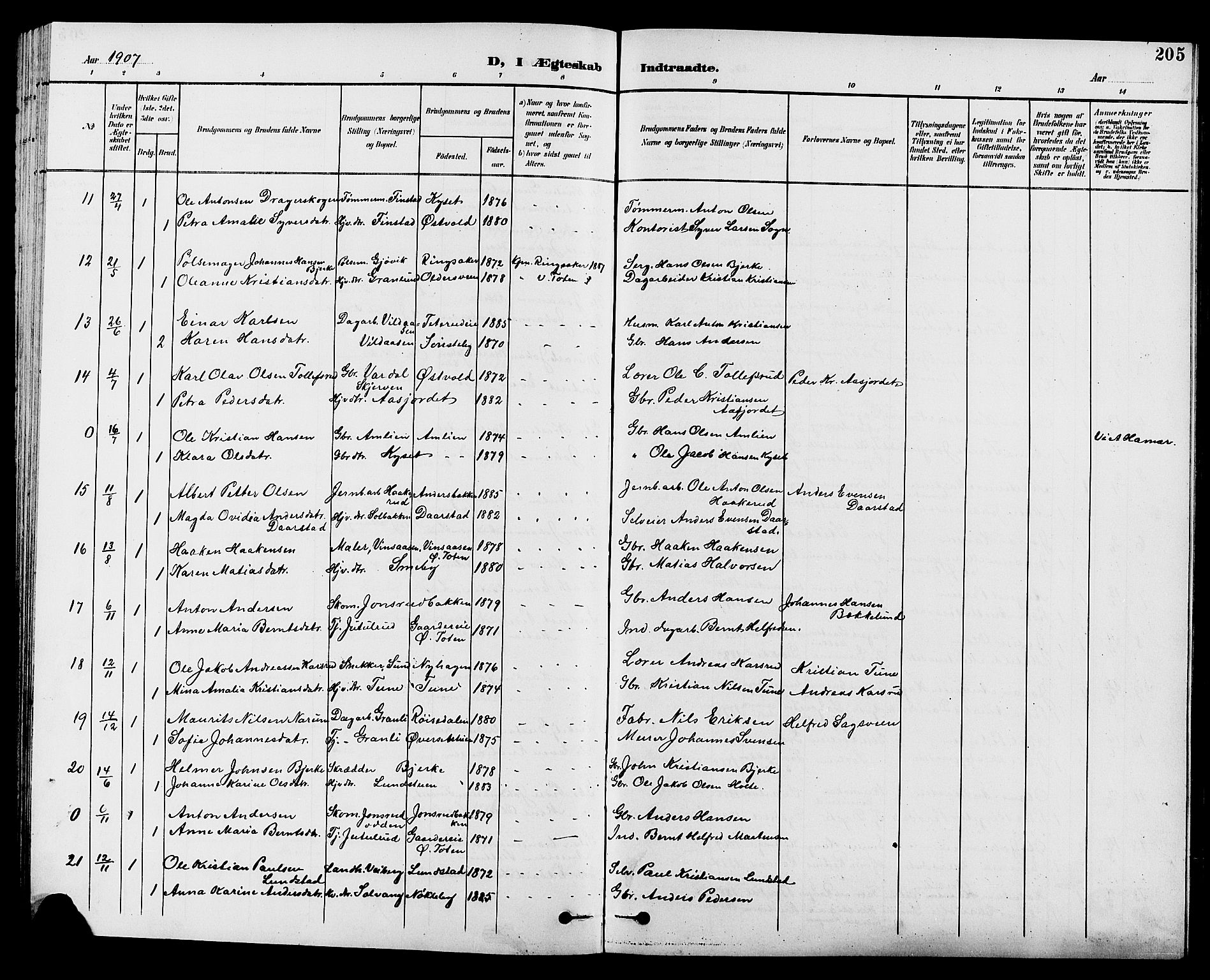 Vestre Toten prestekontor, SAH/PREST-108/H/Ha/Hab/L0010: Parish register (copy) no. 10, 1900-1912, p. 205