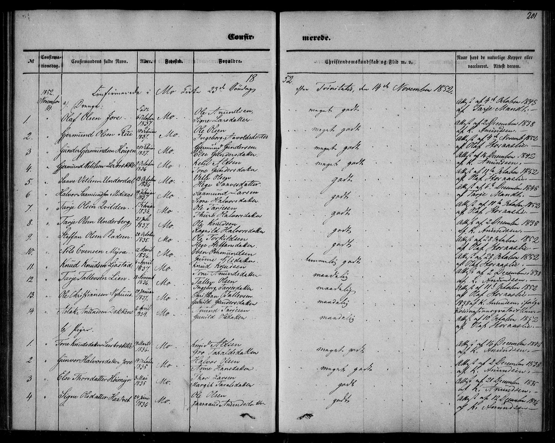 Mo kirkebøker, SAKO/A-286/F/Fa/L0005: Parish register (official) no. I 5, 1844-1864, p. 201