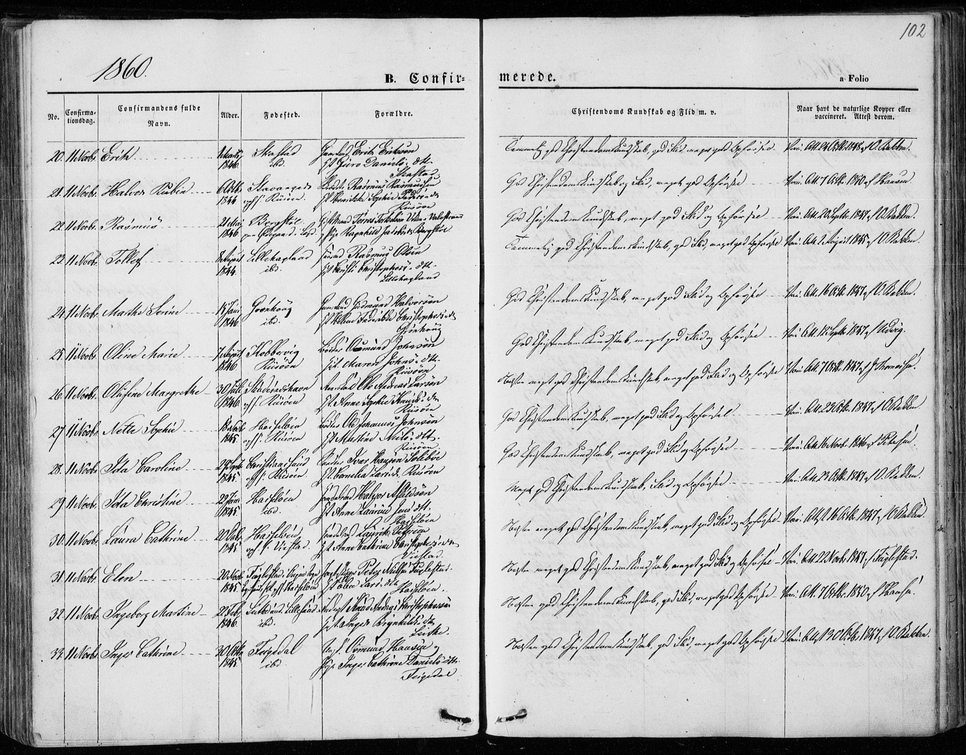 Torvastad sokneprestkontor, SAST/A -101857/H/Ha/Haa/L0011: Parish register (official) no. A 11, 1857-1866, p. 102