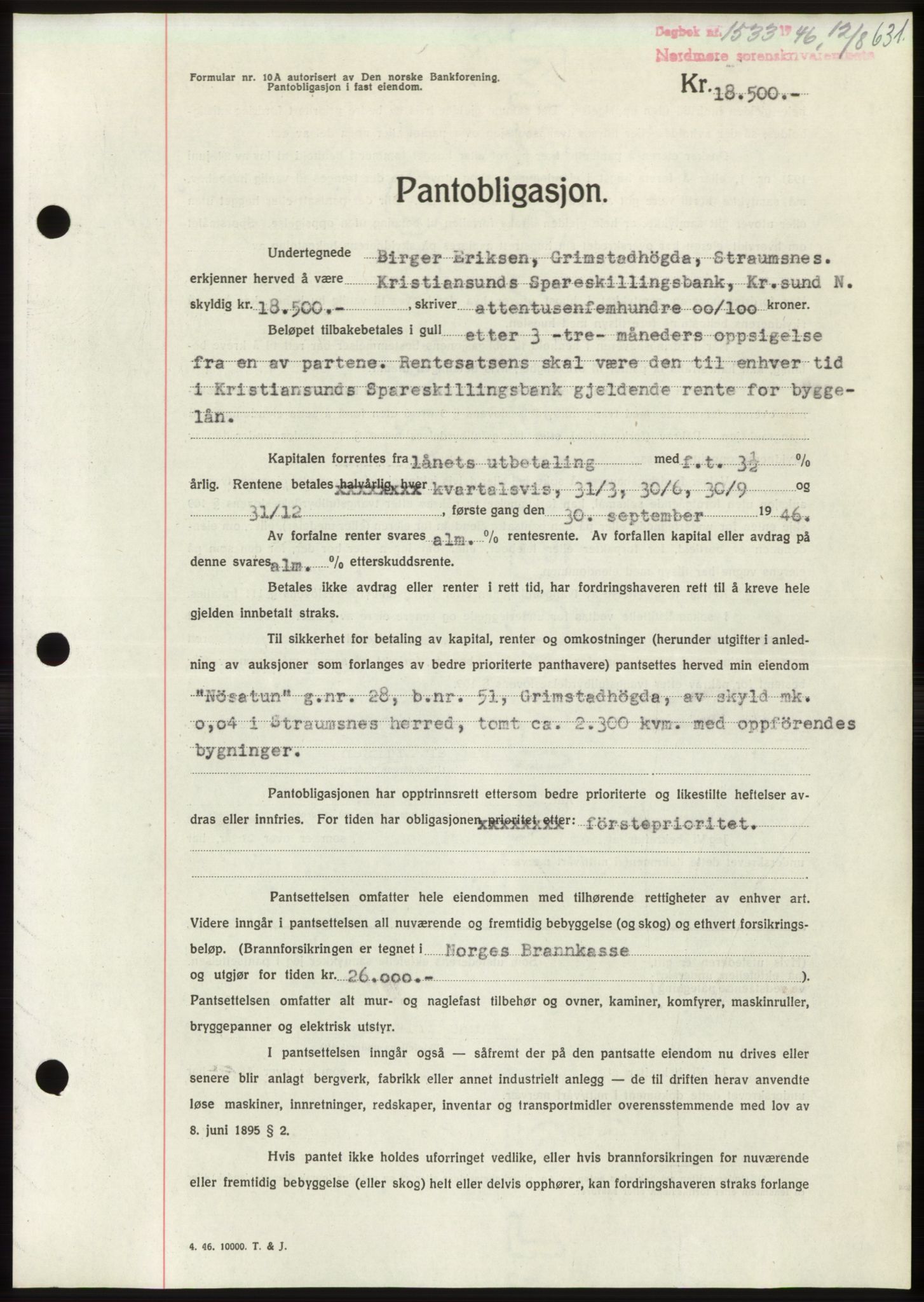 Nordmøre sorenskriveri, AV/SAT-A-4132/1/2/2Ca: Mortgage book no. B94, 1946-1946, Diary no: : 1533/1946