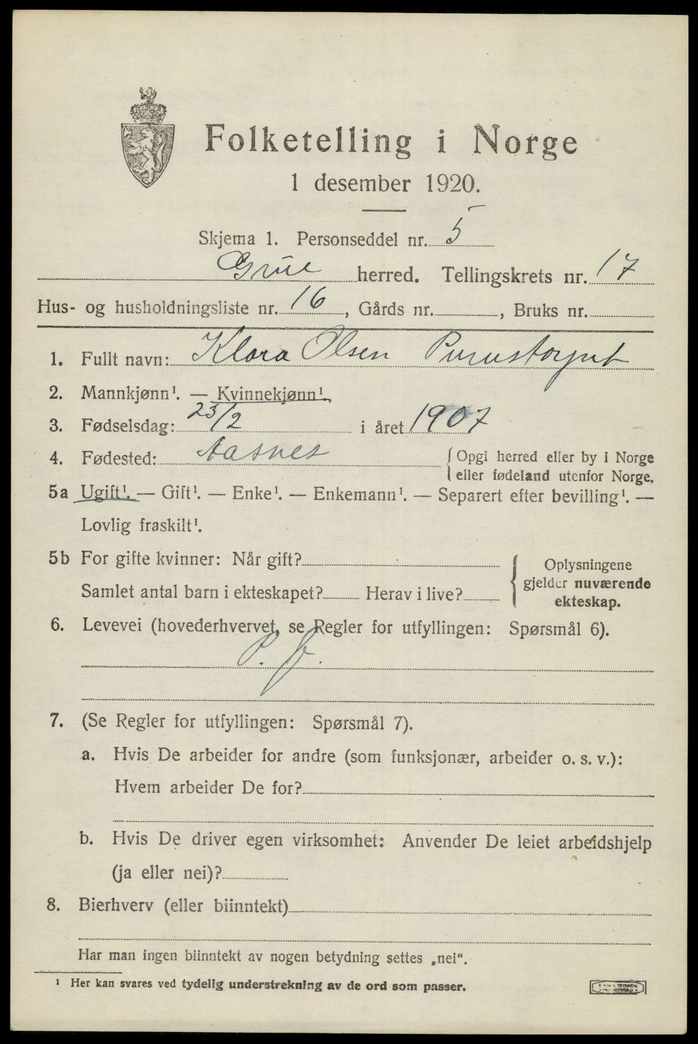 SAH, 1920 census for Grue, 1920, p. 13969